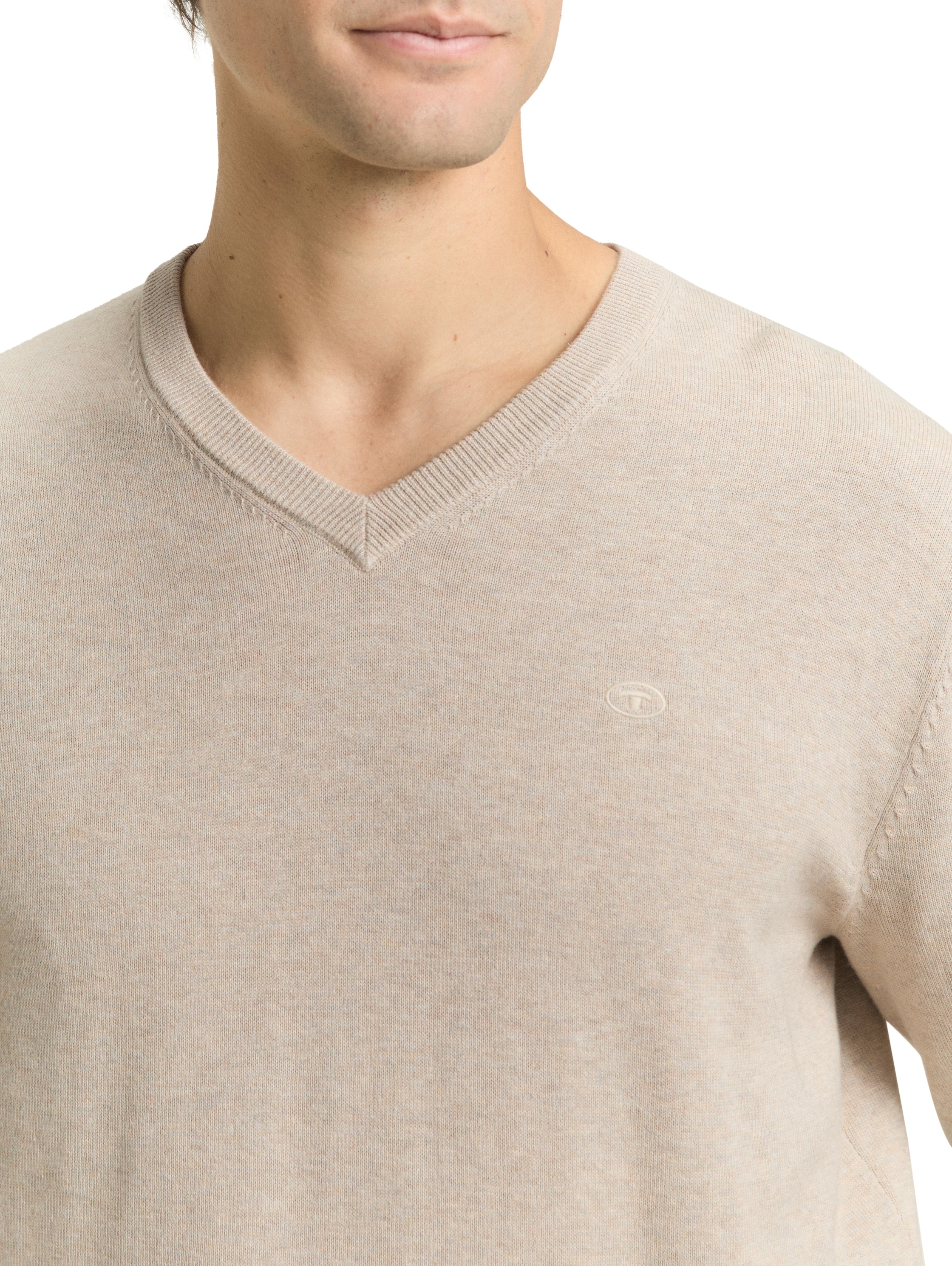 V-Ausschnitt-Pullover TOM TAILOR, Damen, Gr. M, cashew beige melange, Strick, Obermaterial: 100% Baumwolle, meliert, regular fit normal, V-Ausschnitt, Rippbündchen, Pullover, mit kleiner Logo-Stickerei 2