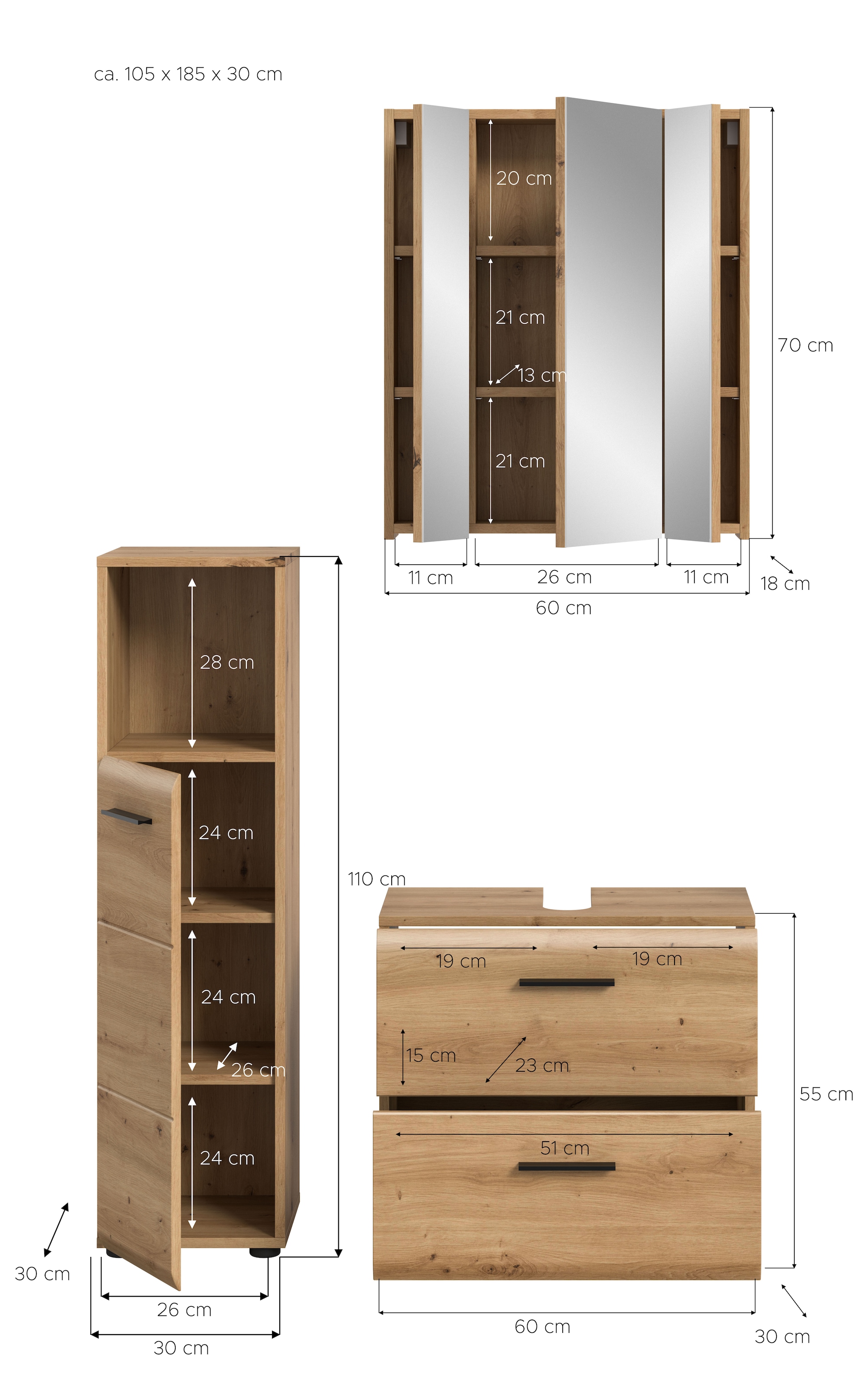 INOSIGN Badmöbel-Set »FLORENZ, TOPSELLER!, 3-teilige Badkombination, hochwertige MDF-Front«, (Set, 3 St., best. aus: Midischrank hoch, Waschbeckenunterschrank, Spiegelschrank), Florenz, Badkombination 3-tlg., Artisan Oak NB, Standschrank