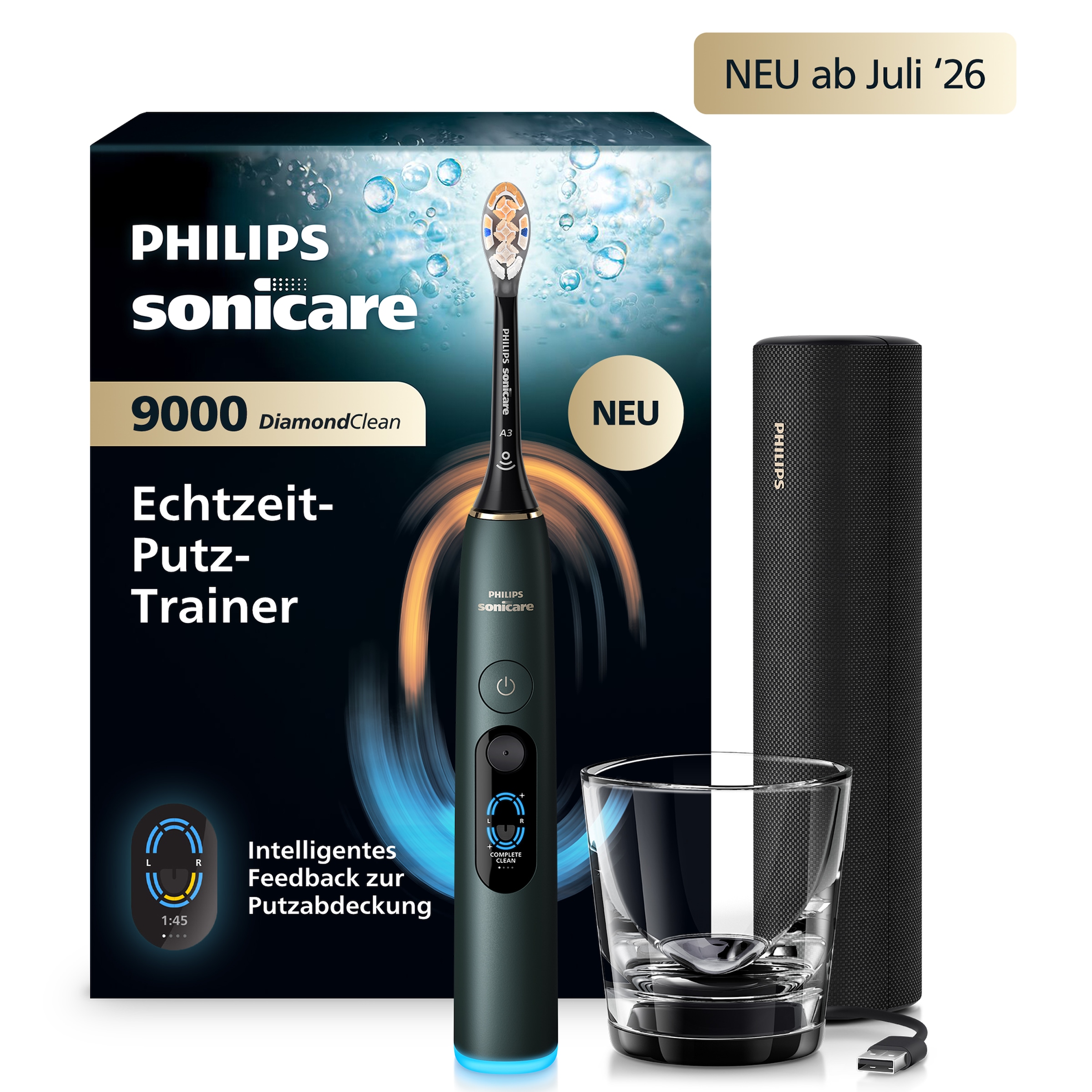 Philips Sonicare Elektrische Zahnbürste "DiamondClean 9000 HX9213" 1 Stk. Aufsteckbürsten mit Smart-Sensoren und 7 Putzprogrammen, inkl. Reiseladeetui