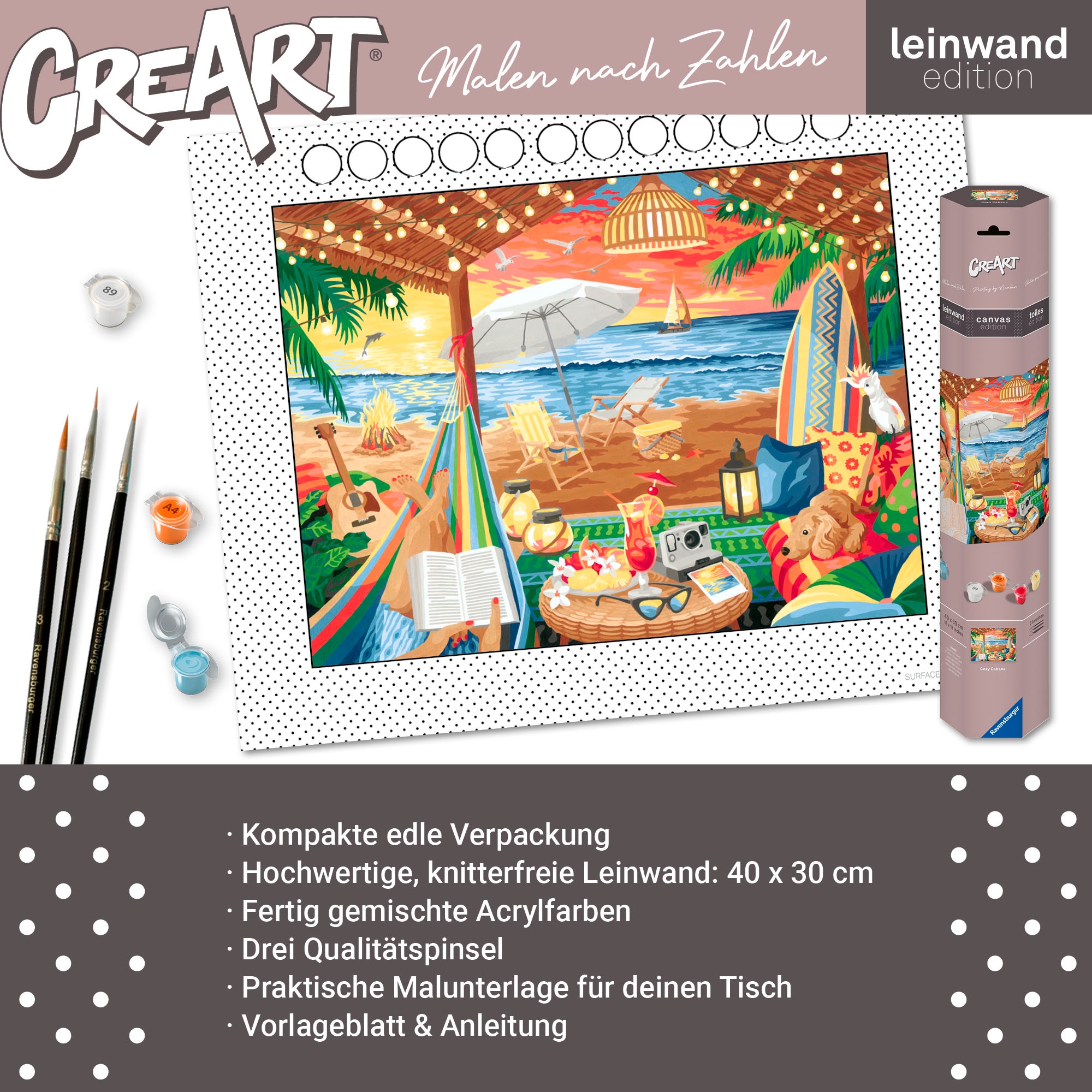Ravensburger Malen nach Zahlen »CreArt, Leinwand Gemütliche Strandhütte«, Made in Europe
