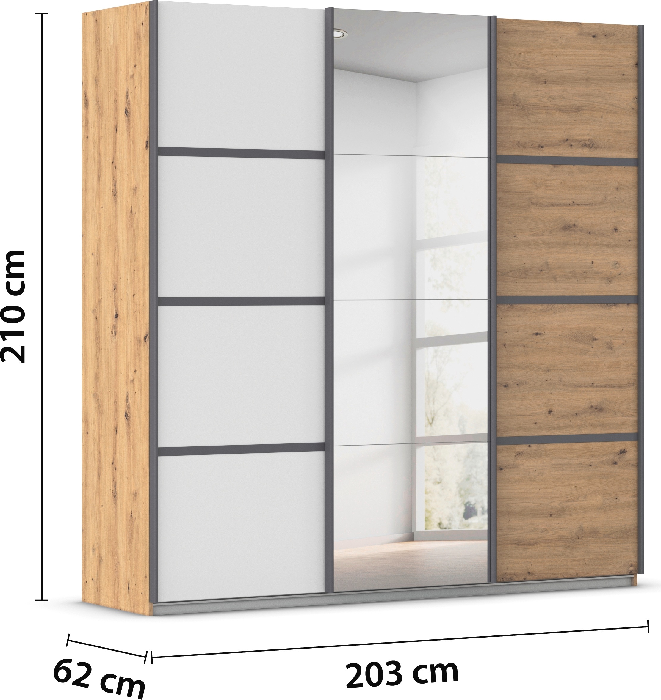 rauch Kleiderschrank »Schwebetürenschrank OTTO´s Choice Garderobe Schrank TOP ANGEBOT Avola«, (in 3 verschiedenen Ausstattungen BASIC/CLASSIC/PREMIUM inkl. Spiegel), mit eleganten Zierleisten in Chrom, Schwarz oder Weiß MADE IN GERMANY