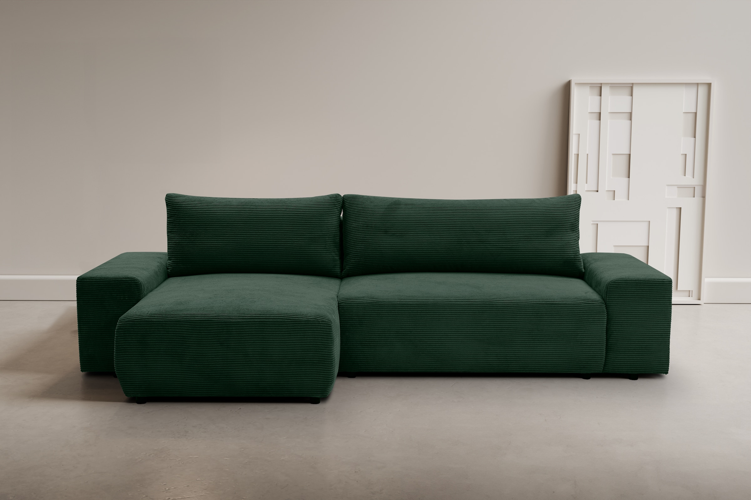 WERK2 Ecksofa "Amsterdam 300 x 150 cm modern und bequem" Cord, L-Form, XXL, Schlaffunktion, Bettkasten