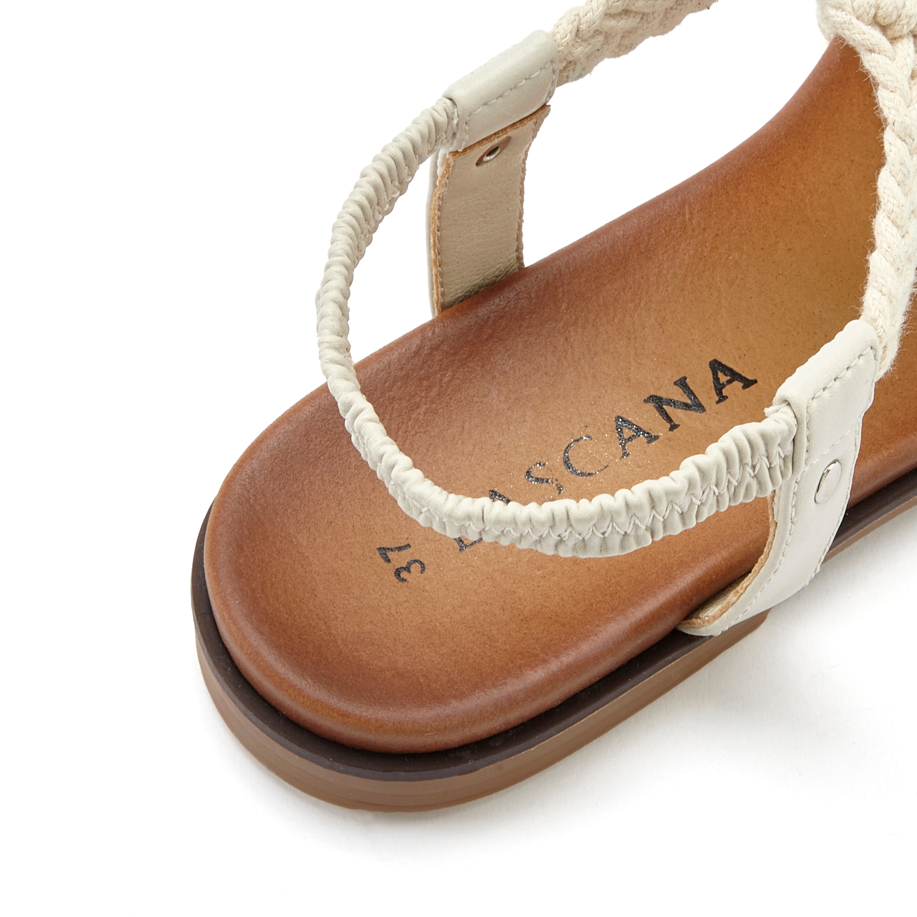 LASCANA Sandale »Sommerschuh, offener Schuh, Pantolette,«, in trendiger Häkeloptik, Glitzerdetails und elastischen Riemchen