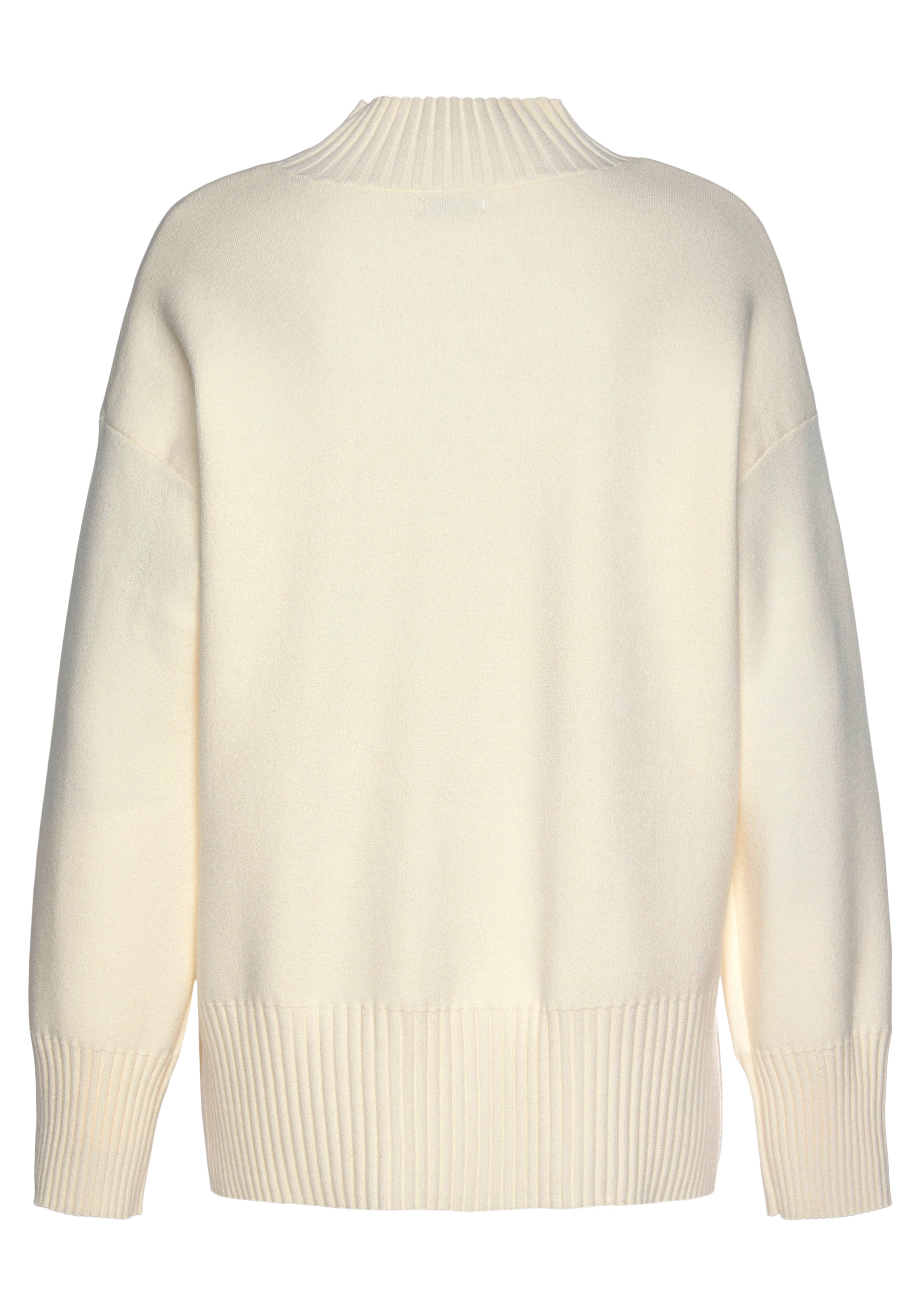 Stehkragenpullover LASCANA, Damen, Gr. 44/46, beige (hellbeige), Strick, Obermaterial: 50% Viskose, 28% Polyester, 22% Polyamid, unifarben, figurumspielend hüftbedeckend, hoch geschlossener Ausschnitt, Pullover Stehkragenpullover, mit breiten Abschlüssen, 3