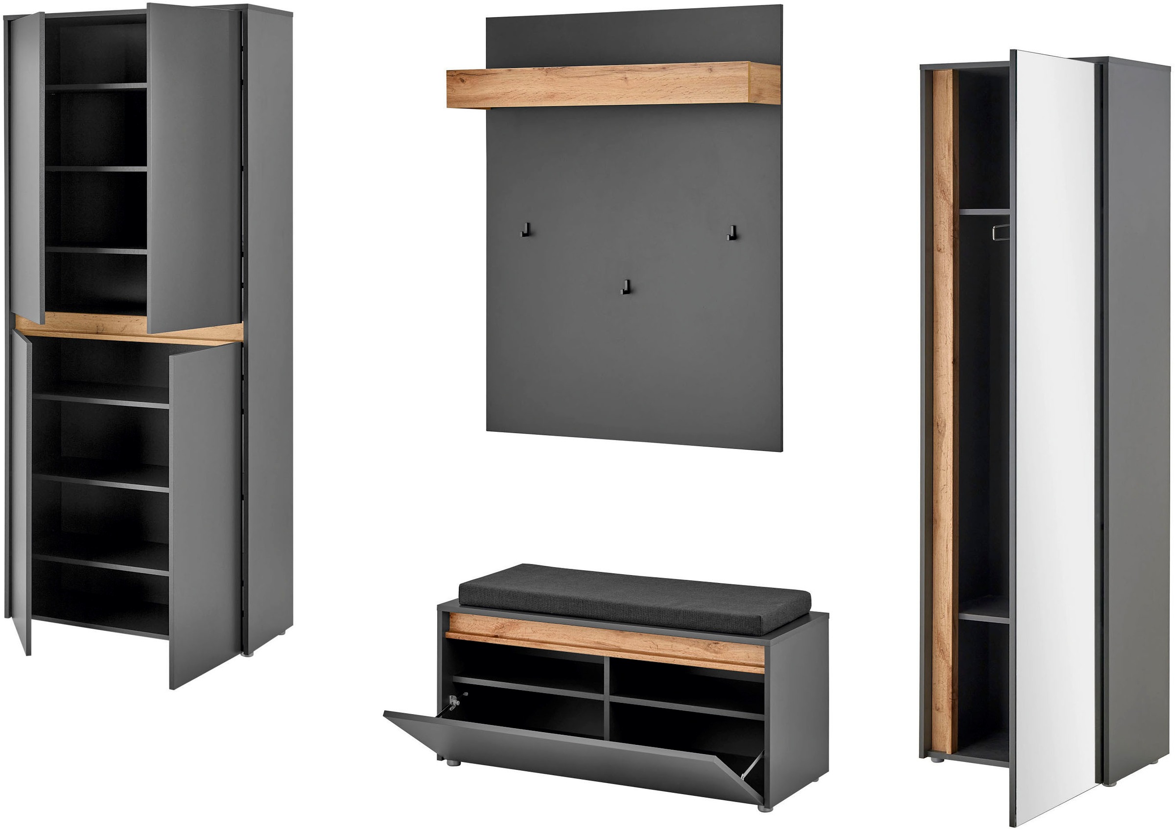 INOSIGN Garderoben-Set »City/Giron, moderne Garderobe, viel Stauraum, ca. 40 Schuhe«, (Set, 4 St.), enthält Schrank mit Spiegel, Schuhschrank, Paneel &Bank inkl. Kissen