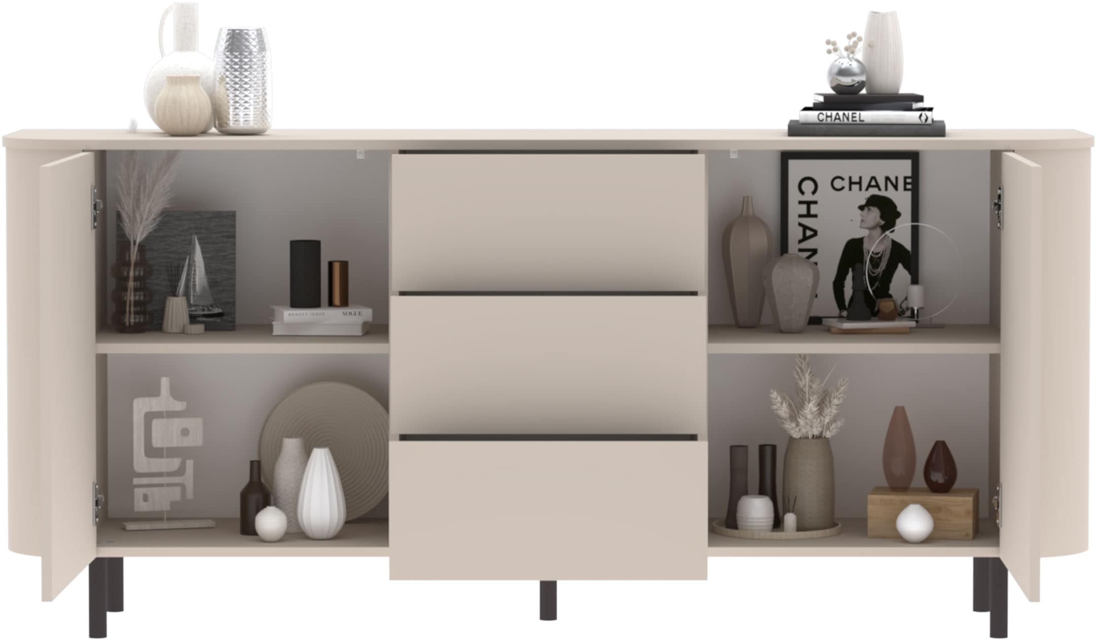 INOSIGN Sideboard »Lido, 181 cm breit, 2 Türen, 3 Schubkästen, Kommode, Stauraumschrank« Formgebogenes MDF, Stirnseiten mit Rundung, Push-to-open, Metallfüße