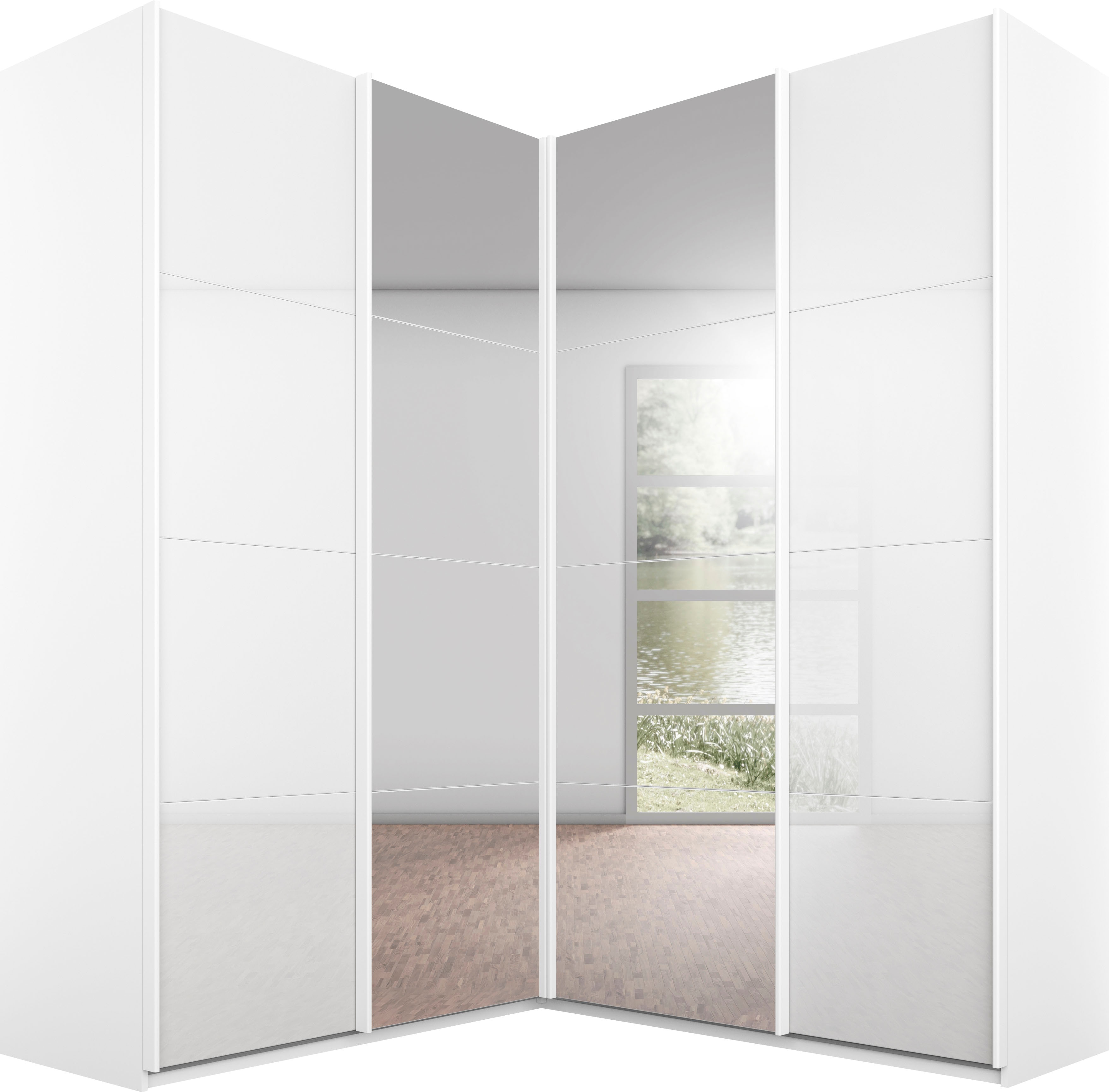 rauch Schwebetürenschrank "Kleiderschrank Garderobe Eckkleiderschrank QUADRA mit edler Glasfront" Maß 181x187 cm, Höhen 210/229 cm, inkl. Soft-Close-Funktion, extra großer Eckschrank inkl. Schubladeneinsatz MADE IN GERMANY