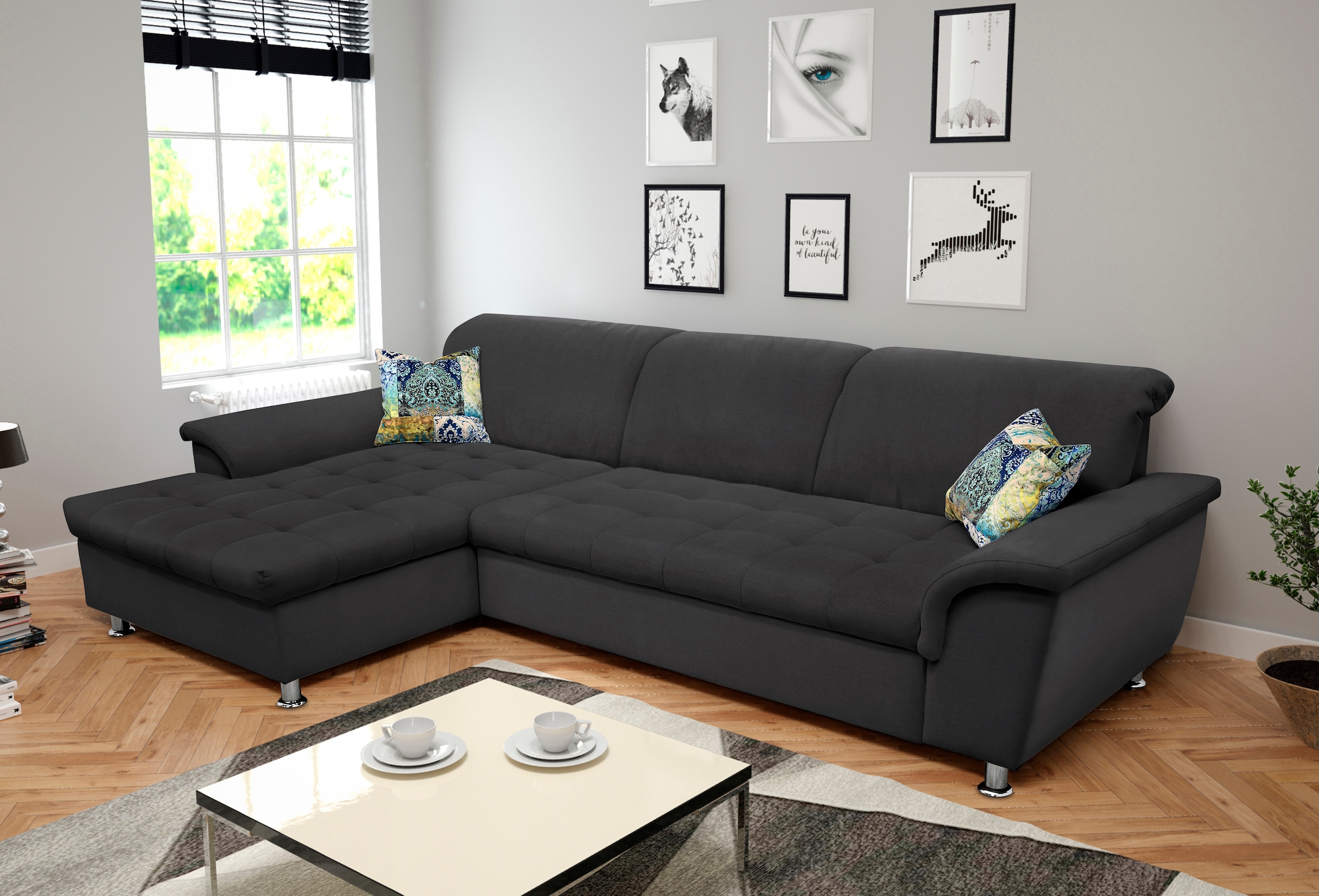 DOMO collection Ecksofa »Franzi B/T: 278/162 cm, L-Form, belastbar bis 140kg/ Sitz«, Flachgewebe, graphite
