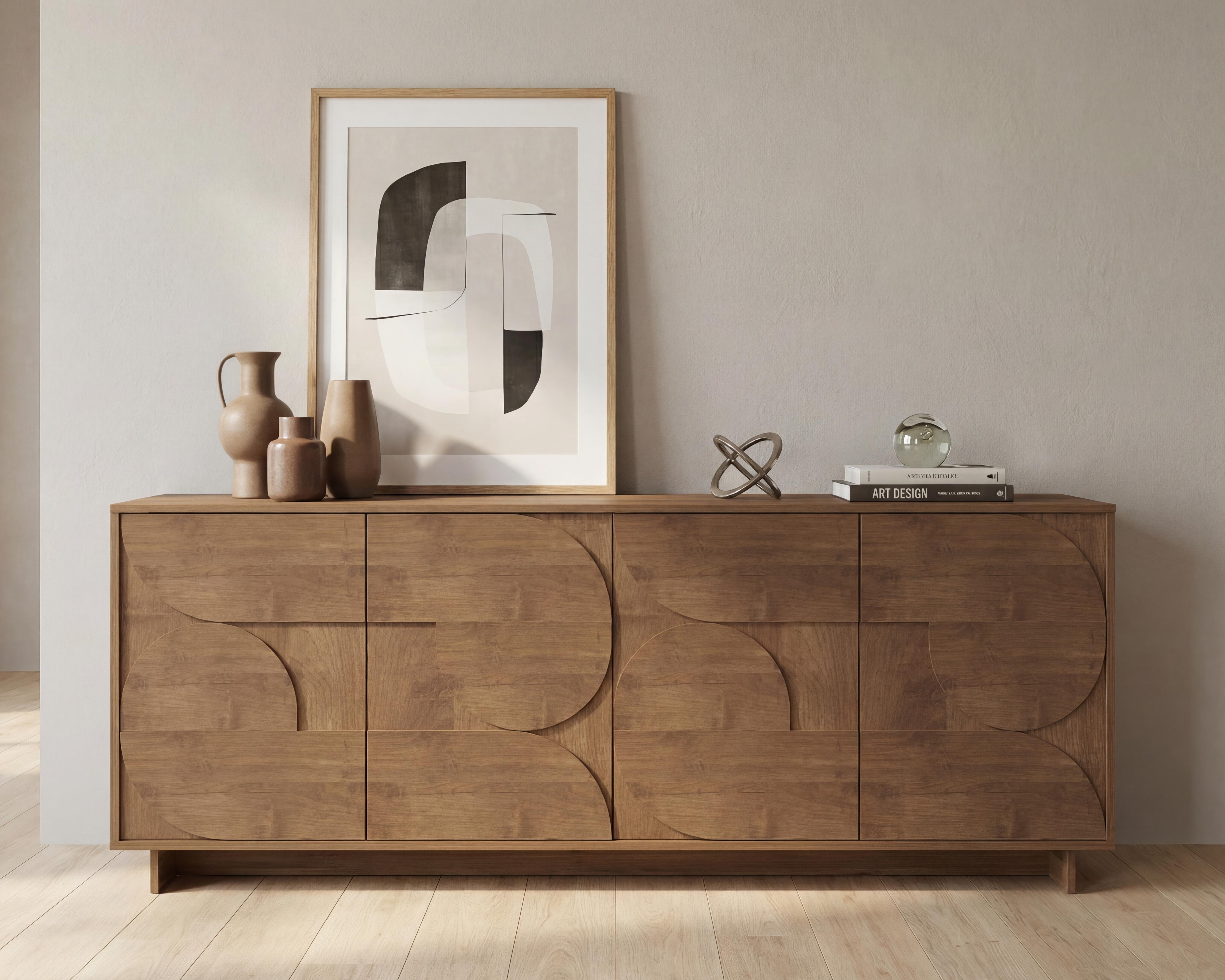 Home affaire Sideboard "Zen, 205 cm breit, 4 Türen, Anrichte, Kommode, Stauraumschrank" Push-to-open, 3D-Fronten, Mercure-Holzstruktur, viel Stauraum