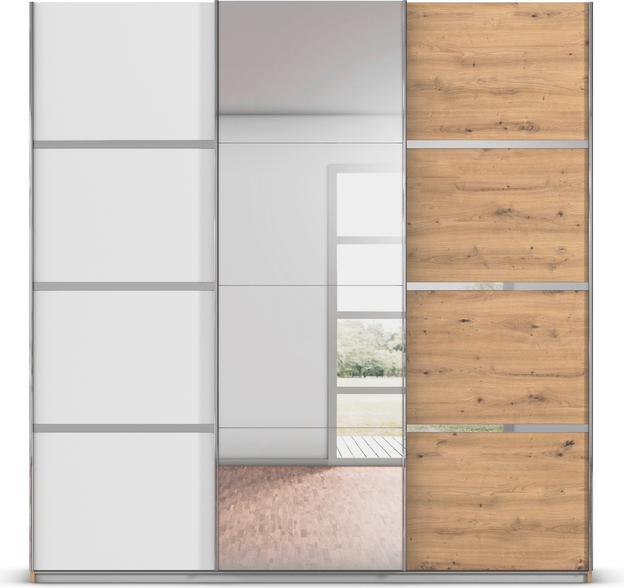 rauch Kleiderschrank »Schwebetürenschrank Garderobe Schrank TOP ANGEBOT Avola«, (in 3 verschiedenen Ausstattungen BASIC/CLASSIC/PREMIUM inkl. Spiegel), mit eleganten Zierleisten in Chrom, Schwarz oder Weiß MADE IN GERMANY
