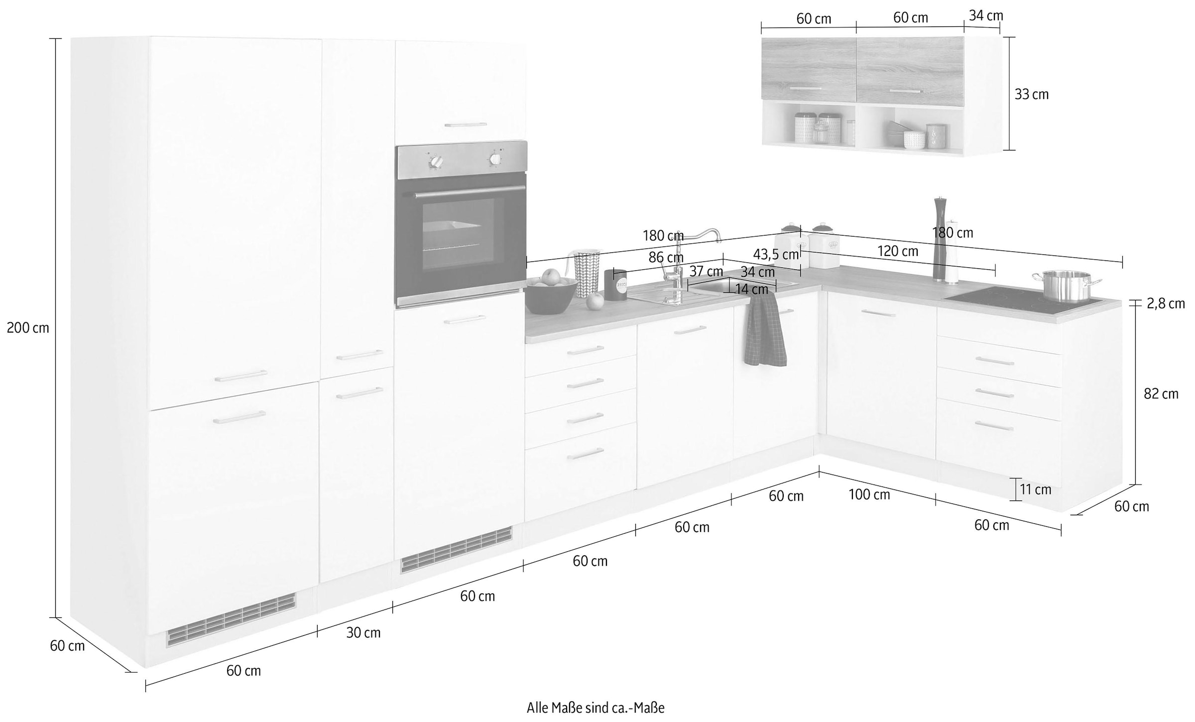 KOCHSTATION Winkelküche »KS-Visby«, ohne E-Geräte, 390x180 cm, für Kühl/Gefrierkombi und Geschirrspüler
