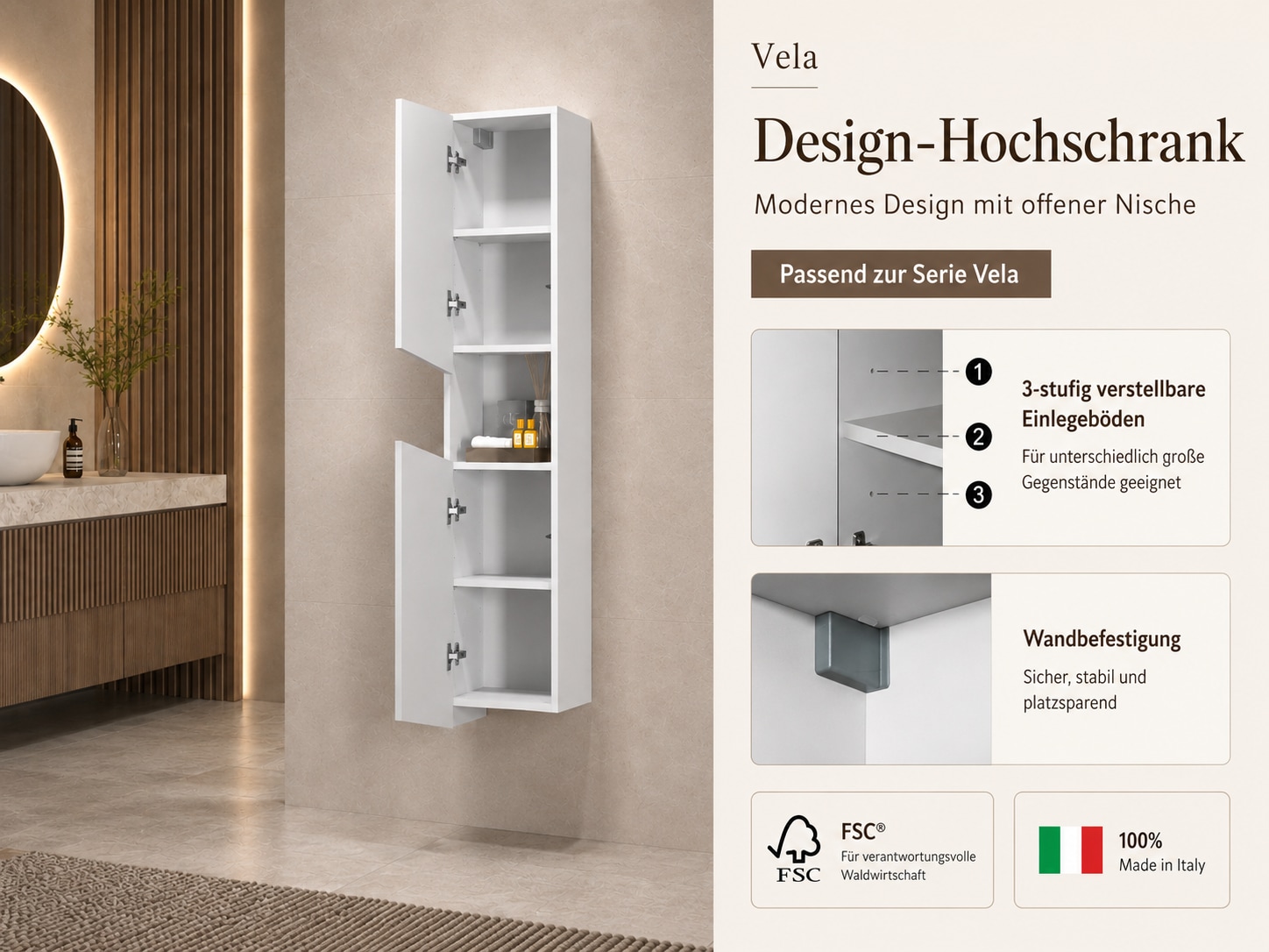 welltime Hochschrank »Vela, Hochschrank, Badschrank schmal, Badezimmerschrank, hängend« 1 Stk. tlg. Breite 30 cm, 2 hochglanzlackierte Türen, 5 verstellbare Fächer