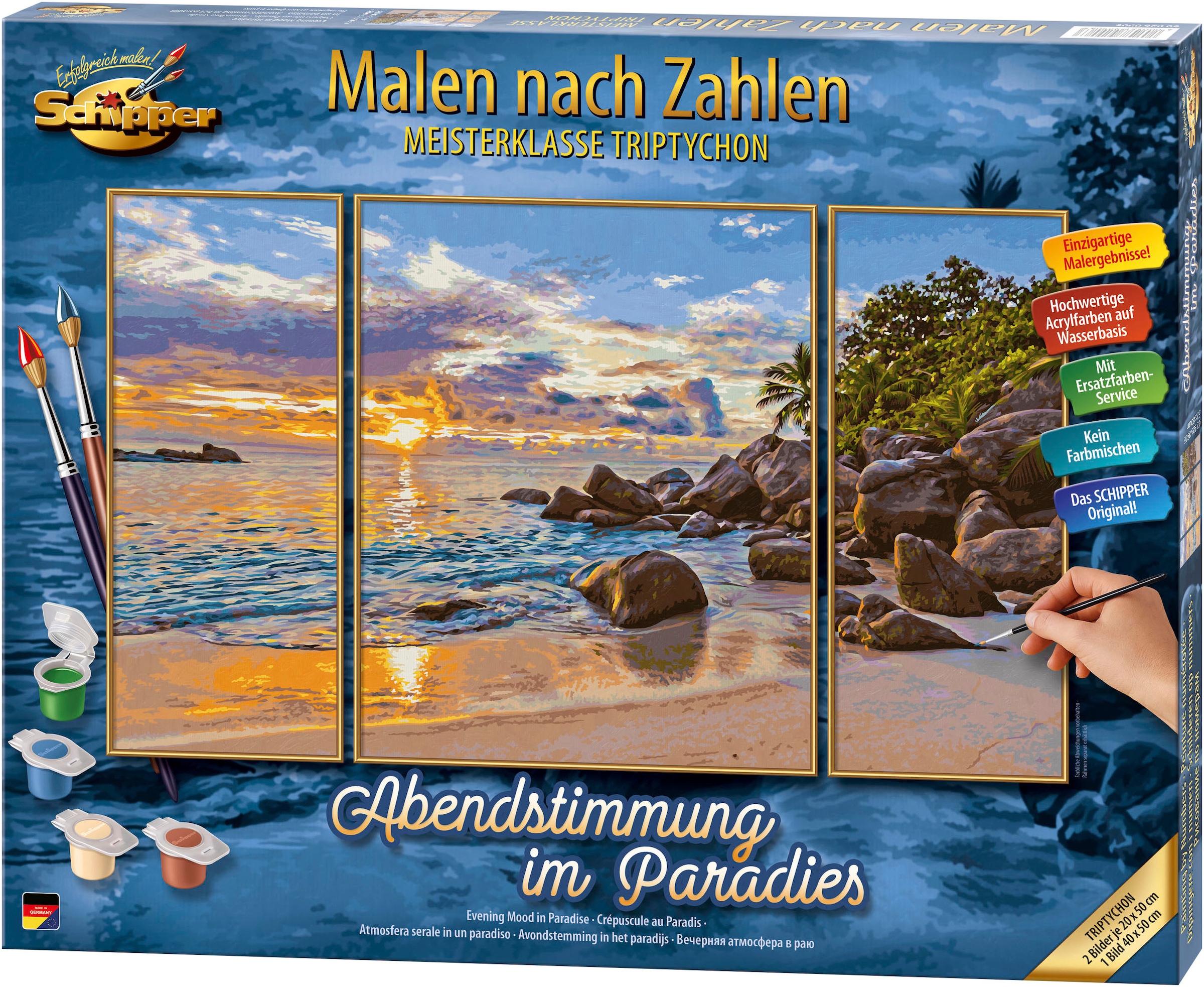 Malen nach Zahlen »Meisterklasse Triptychon - Abendstimmung im Paradies«, Made in Germany