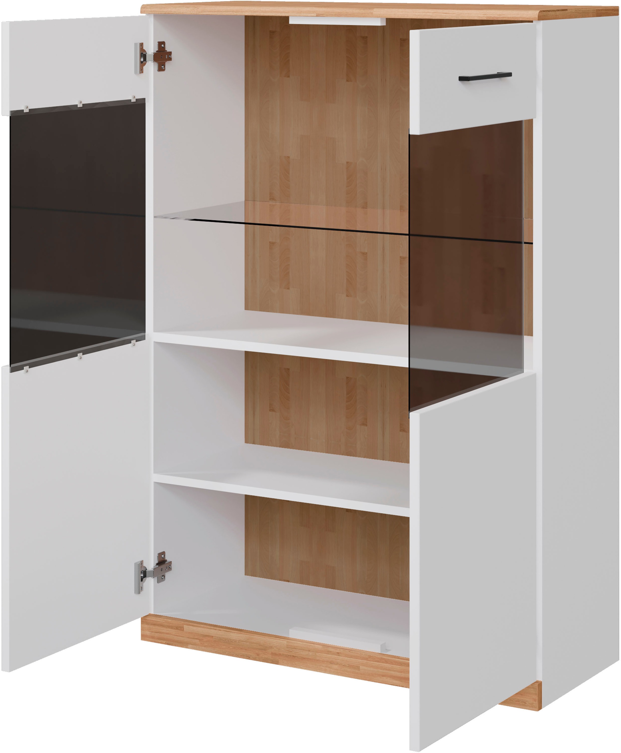 Thumbnail - OTTO home Vitrine "Ribe, 125 cm hoch, Fronten Massivholz, 4 breite Fächer" Korpus Holzwerkstoff, 2Türen mit Glaseinsatz,...