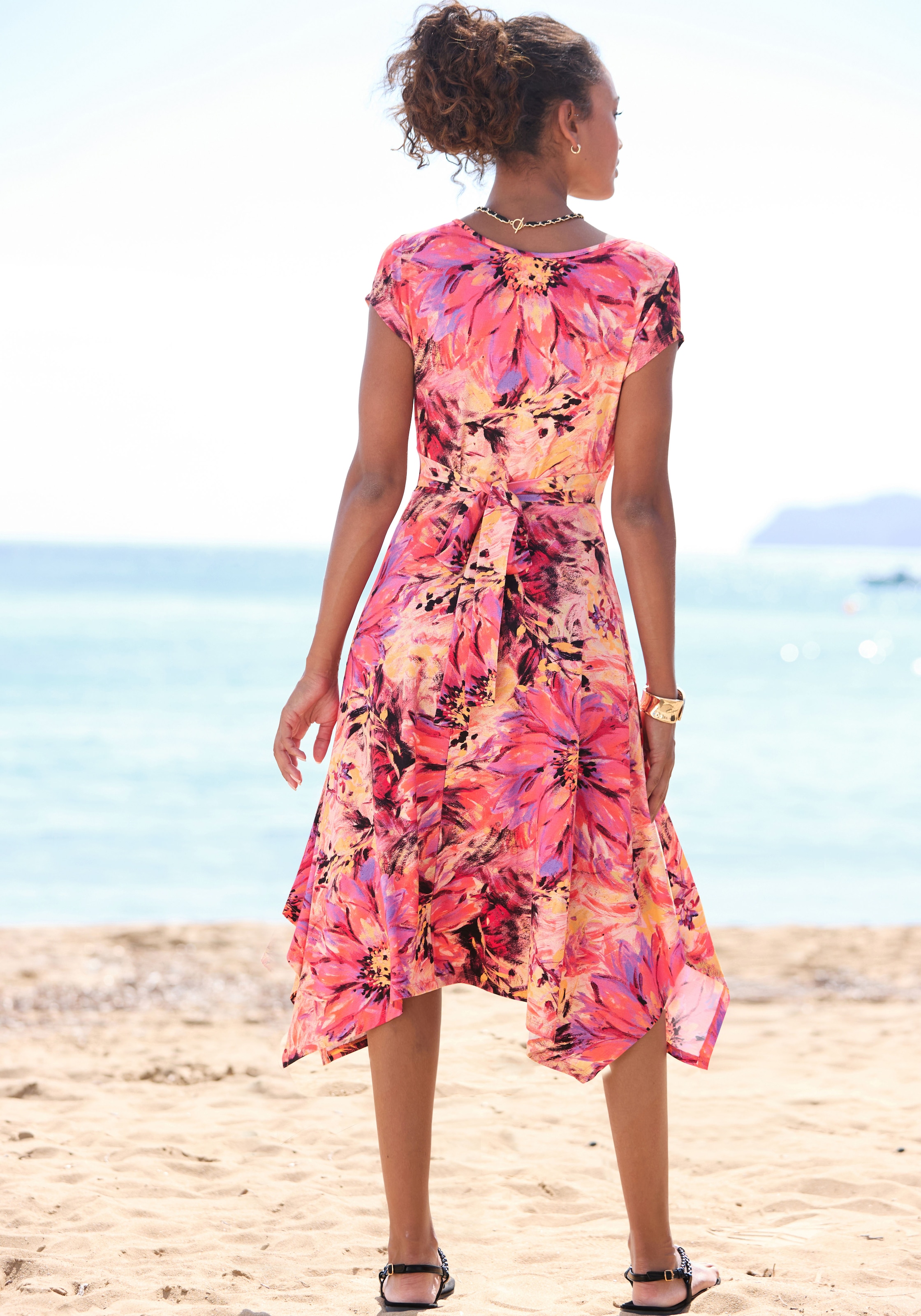 Beachtime Sommerkleid, mit Zipfelsaum und Schleife, Jerseykleid, asymmetrisches Rockteil