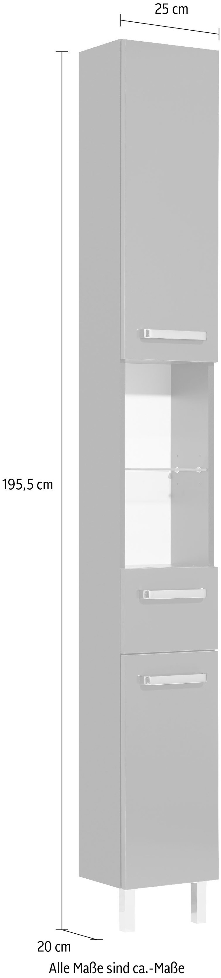 Saphir Hochschrank »Quickset Badschrank 25 cm breit, 2 Türen, 2 Nischen, 1 Schublade«, Badezimmer-Hochschrank inkl. Türdämpfer, Griffe in Chrom glänzend