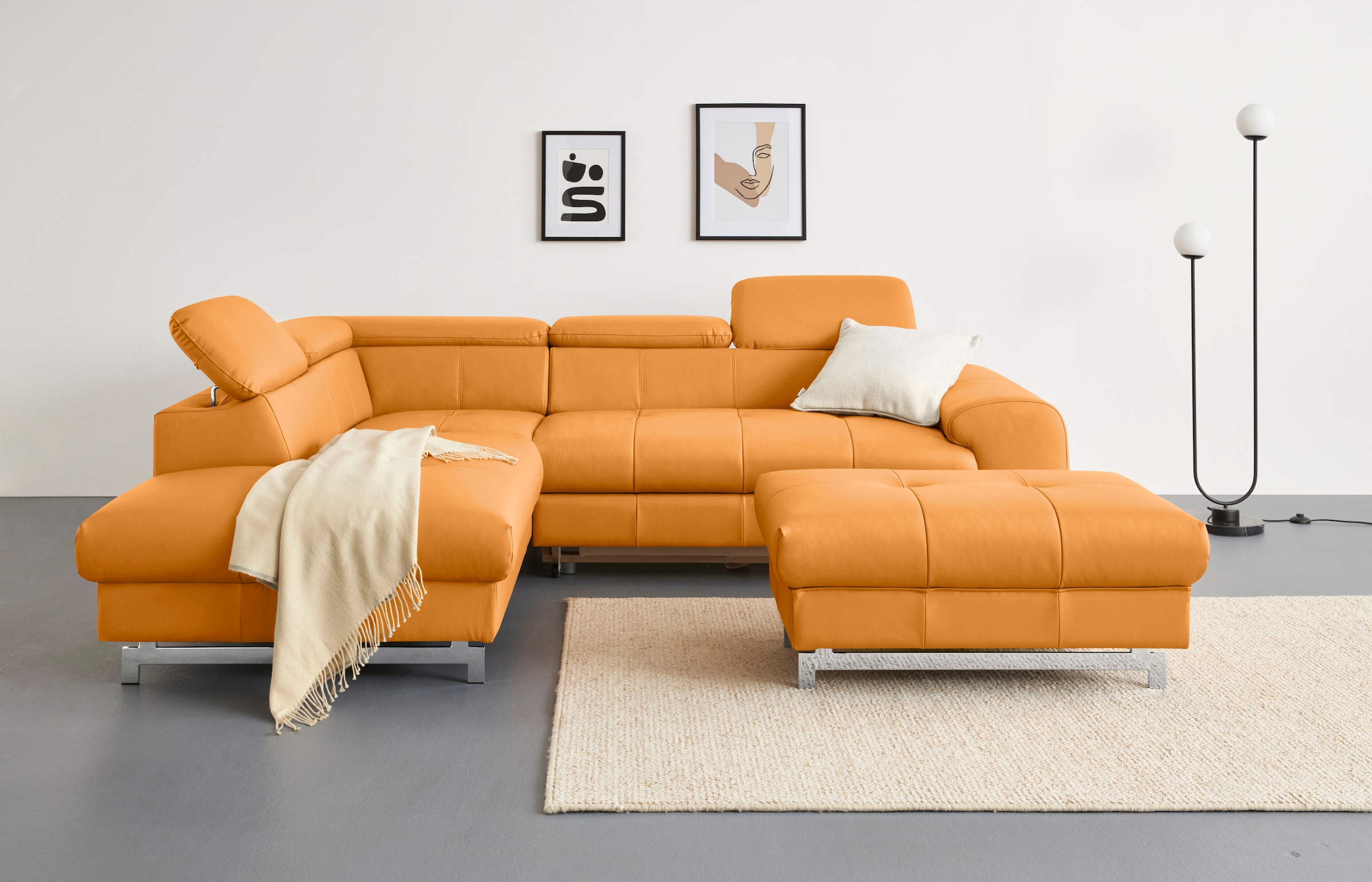 COTTA Ecksofa "Chef L-Form, B: 257cm, Leder, inkl. Kopfteilverstellung" optional mit Schlaffunktion, moderner Kufenfuß H 12cm, Wellenfederung