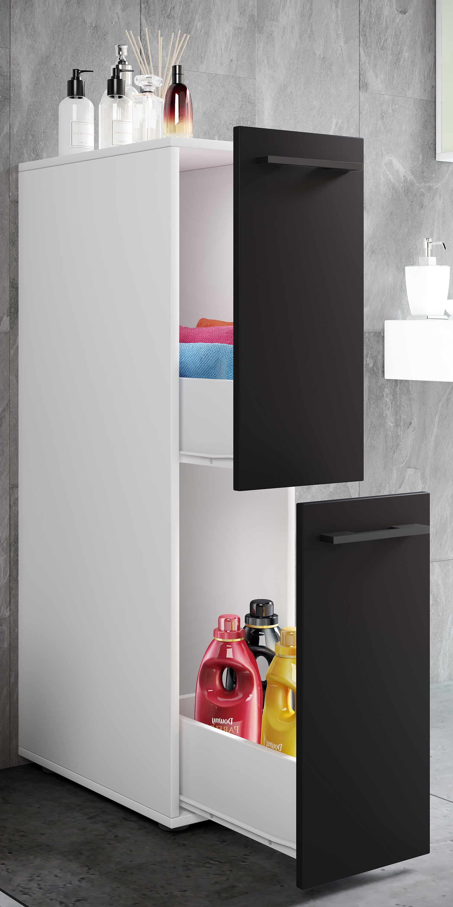 VCM Hochschrank »VCM Badmöbel Nischenschrank | Maße: H. 110 x B. 25 x T. 50 cm | 2Schubladen - Sadilo L«, (1 St.)