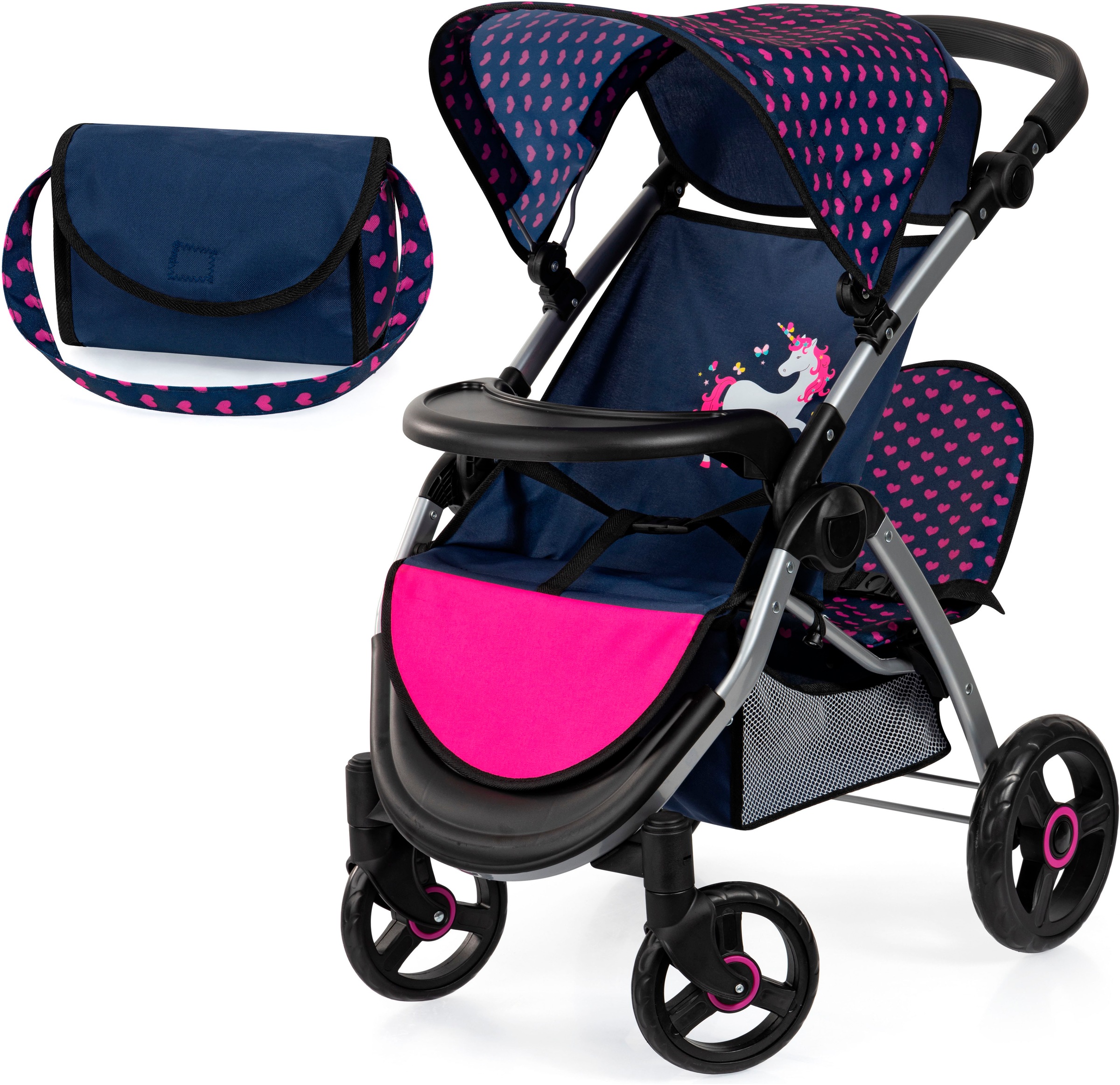 Bayer Puppen-Zwillingsbuggy »Twin Star, blau/pink«, mit Wickeltasche