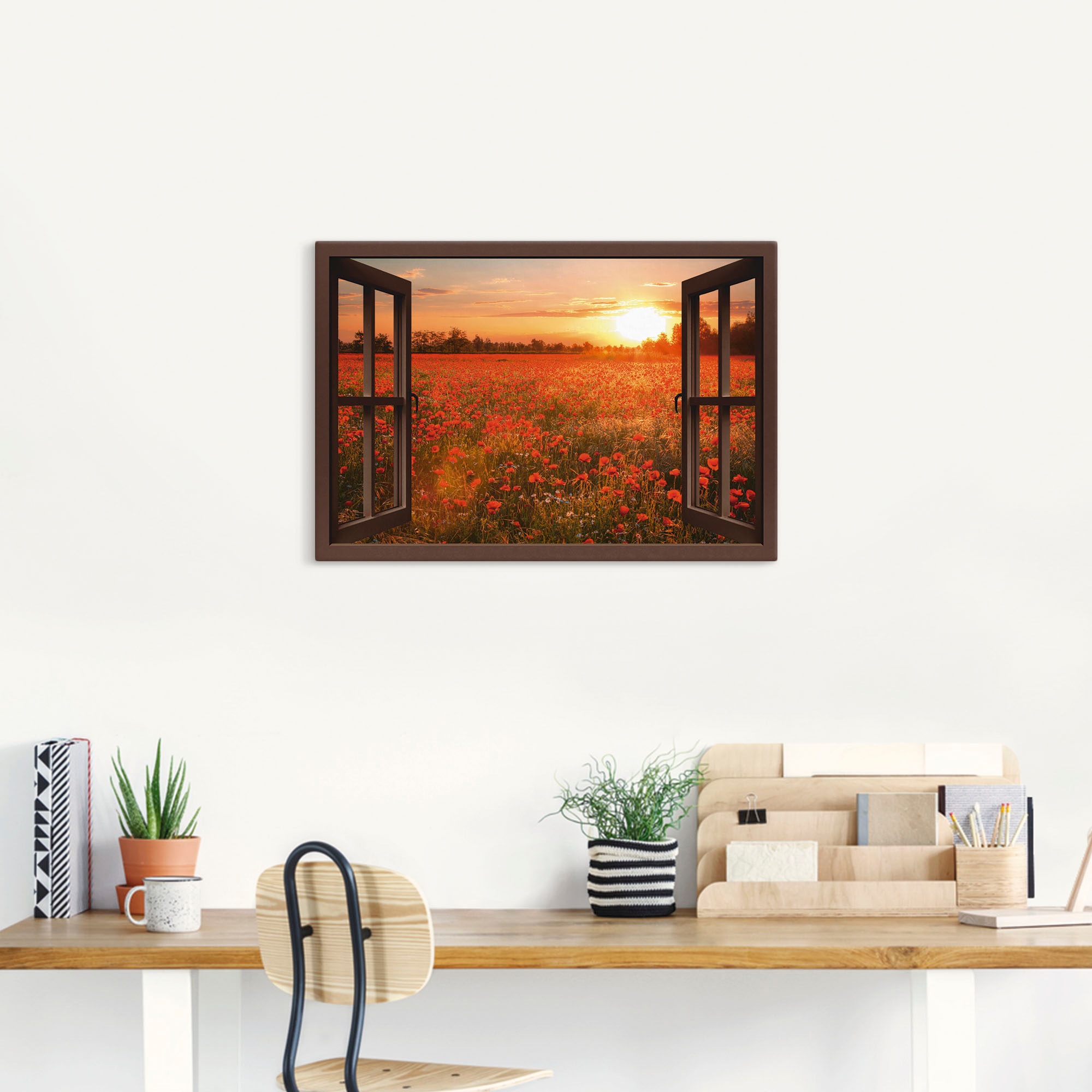 Artland Leinwandbild "Fensterblick Mohnblumenfeld - braun" Blumen 1 Stk. tl günstig online kaufen