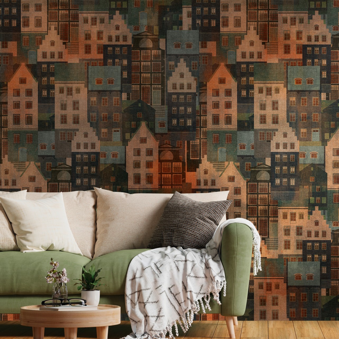 living walls Fototapete "Metropolitan Stories. Travel Styles. Tapete mit Gebäuden" gemustert matt neutral glatt Fototapete Skandinavisch Skandi-Stil Häuser Designtapete Tapeten Flur