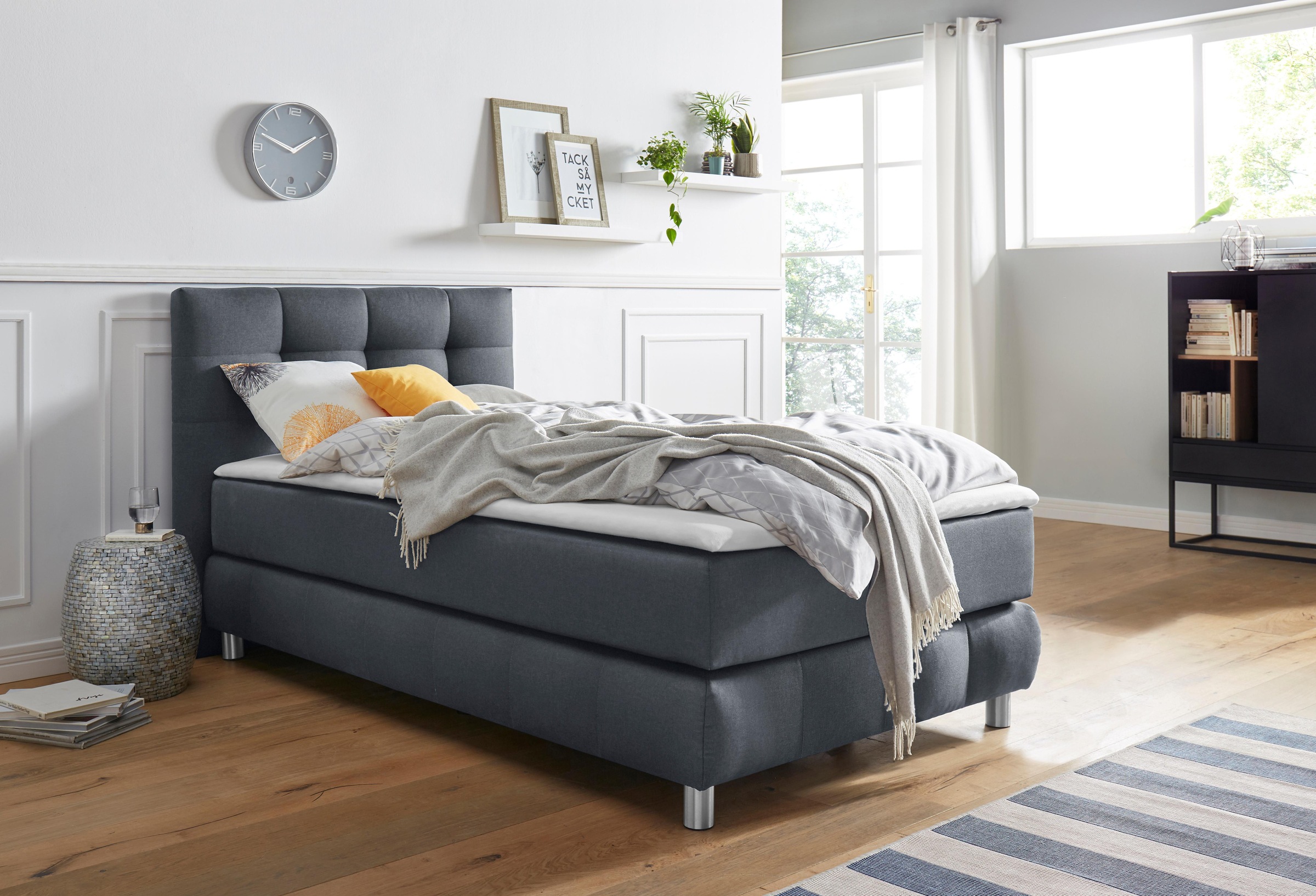 Boxspringbett HOME AFFAIRE "Salo", grau (anthrazit), B:104cm L:211cm, Struktur (100% Polyester);Bezug der Spiegelfläche Matratzendrell aus 100% Polyester;Samtoptik (100% Polyester), Komplettbetten, Boxspringbett, incl. Topper, 6 Breiten, 2 Härtegrade, TFK 9