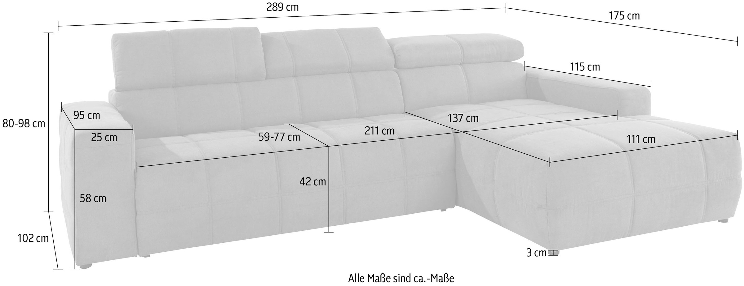 DOMO collection Ecksofa »Brandon große Ausführung B/T/H: 289/177/80 cm, auch in Leder und Cord«, mit Kopfteilverstellung, wahlweise Sitztiefenverstellung, L-Form