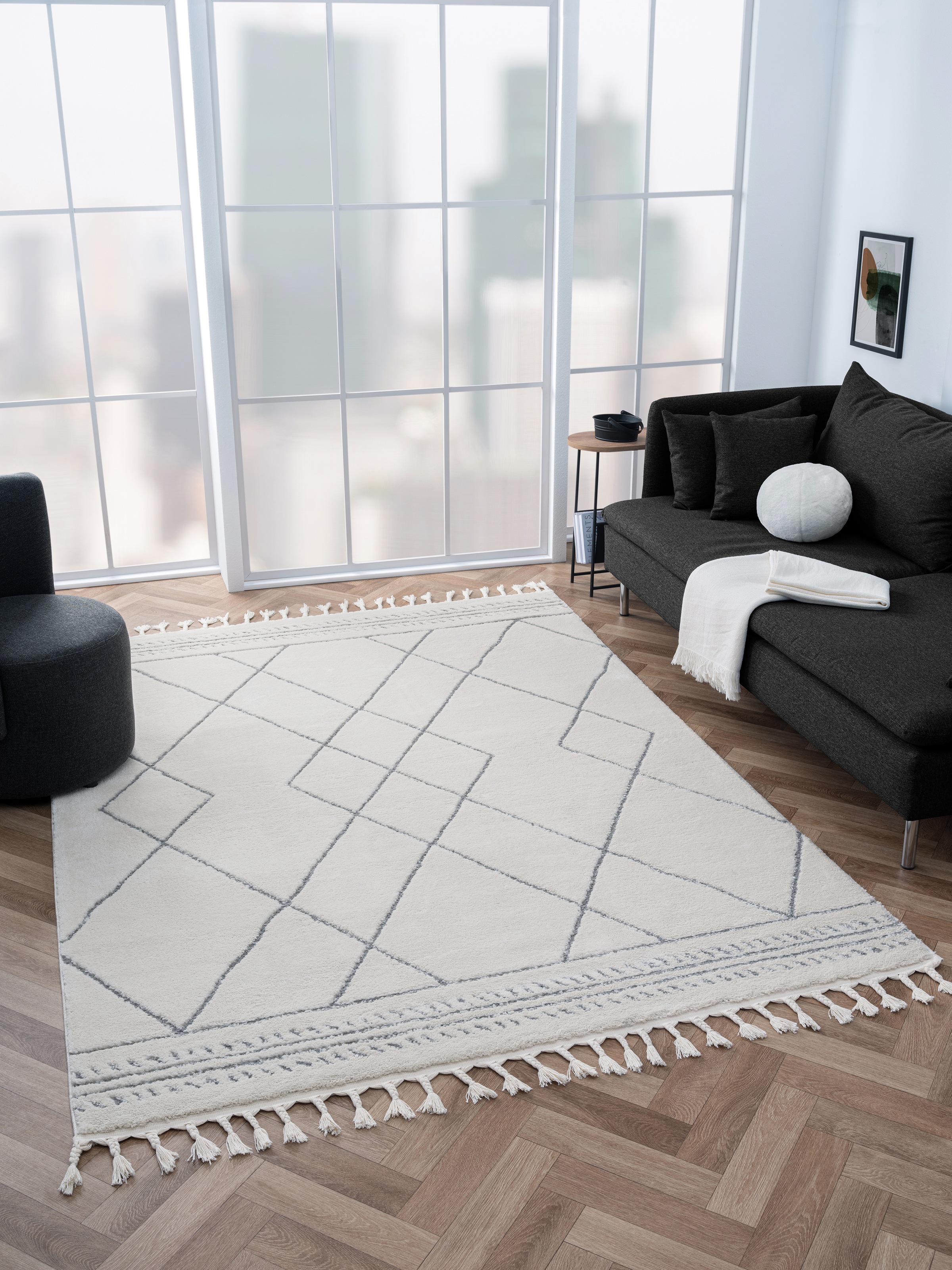 Myflair Möbel & Accessoires Hochflor-Teppich "Moroccan Design, LAGERRÄUMUNG" rechteckig 24 mm Höhe modern, marokkanisches Design, Rauten Muster, weich, mit Fransen