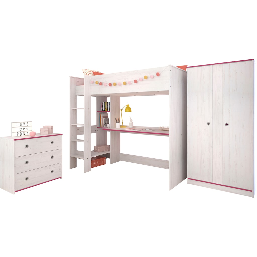 Parisot Jugendzimmer-Set »Smoozy«, (Set, 3 St., Hochbett mit Schreibtisch, Kleiderschrank und Schubkastenkommode)