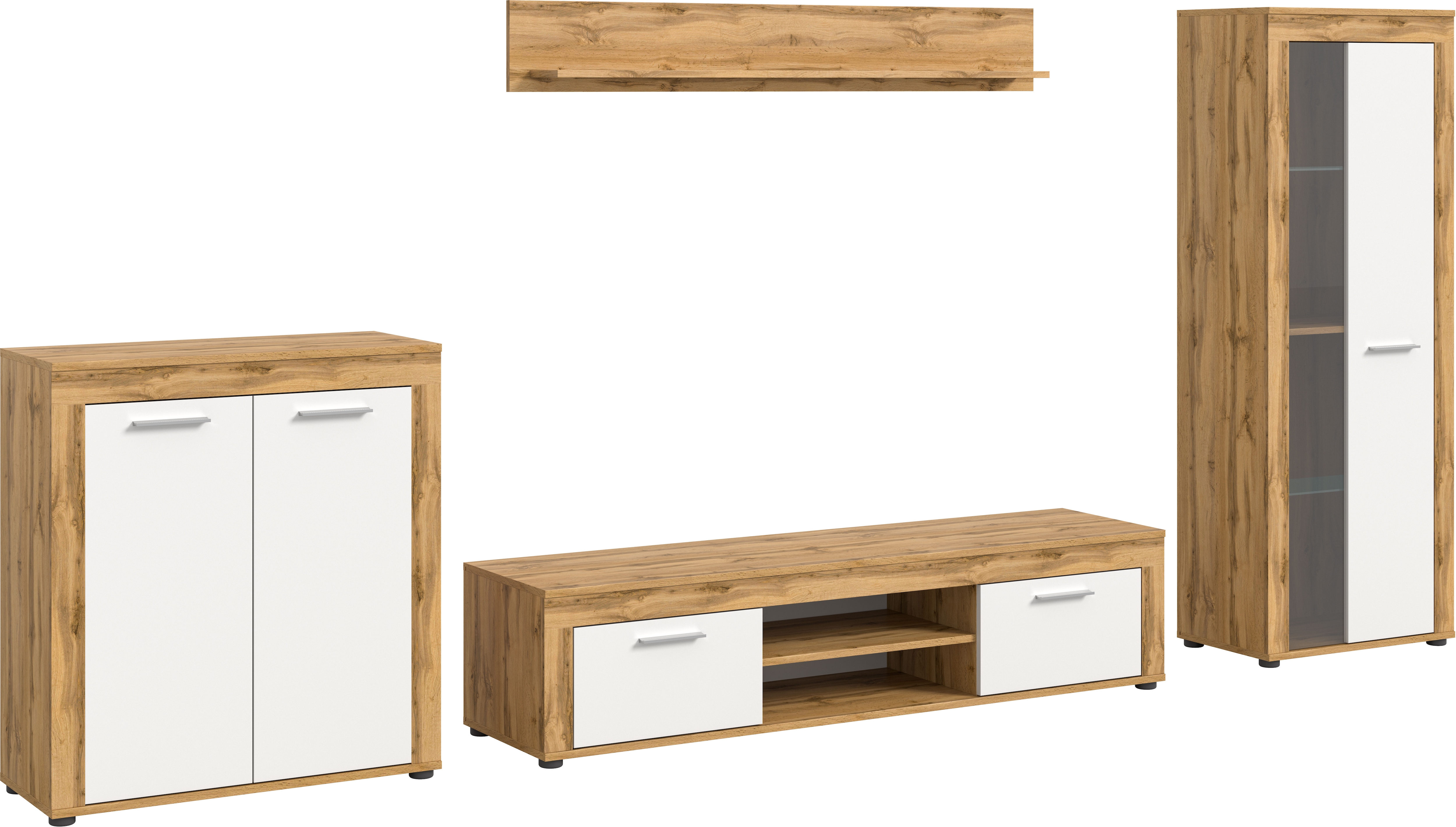 OTTO home Wohnwand "AOSTA, Breite 330cm, 4-teilige Wohn-Kombination" bestehend aus: Highboard, Lowboard, Wandboard, Vitrine, 4 Stk. tlg.
