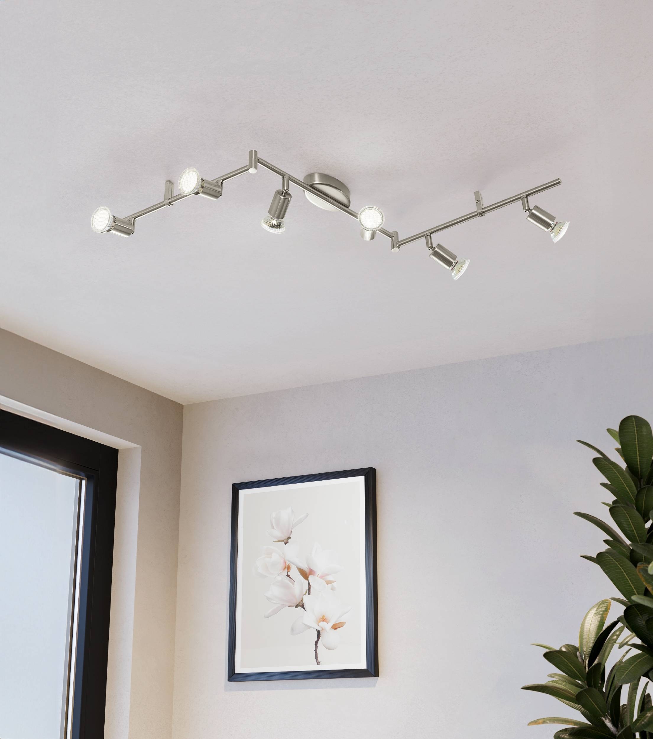 EGLO Deckenleuchte »Buzz-LED Deckenlampe, Wohnzimmerlampe aus Metall, Küchenlampe, GU10« GU10 1 Stk. Spot - L105 x B6,5 cm - nickel-matt - 6X2,8W inkl.