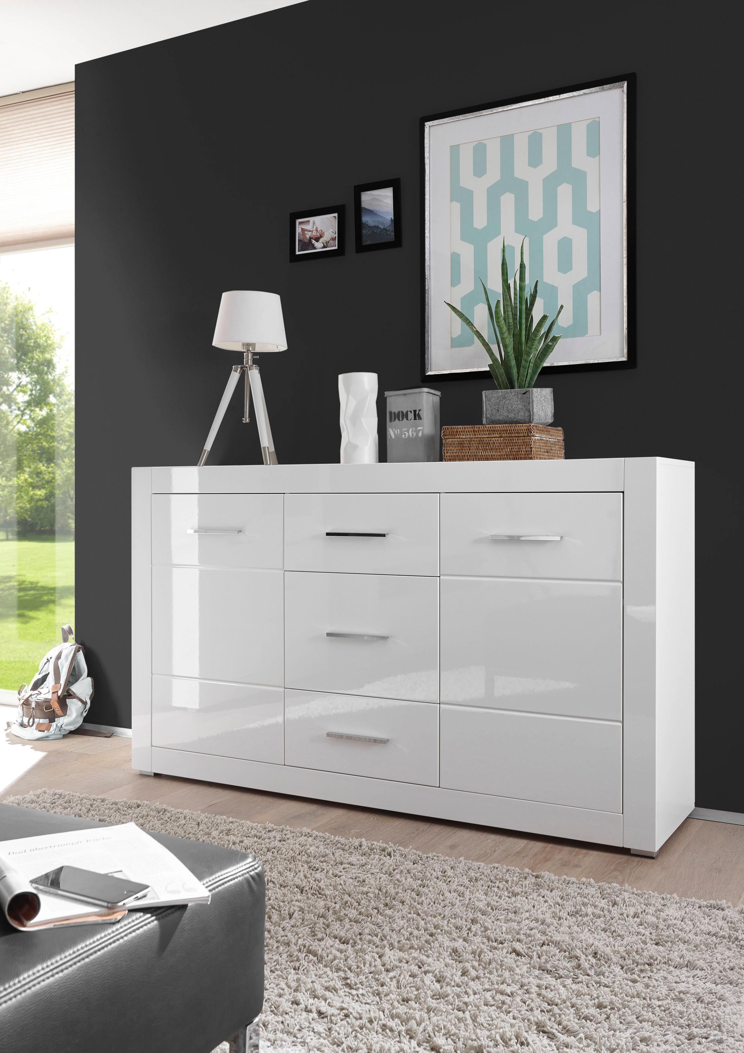 Home affaire Sideboard "Bianco, moderner Schrank, Kommode in Weiß Hochglanz" silberne Metallgriffe, ausreichend Stauraum, zeitlos, 164 cm breit
