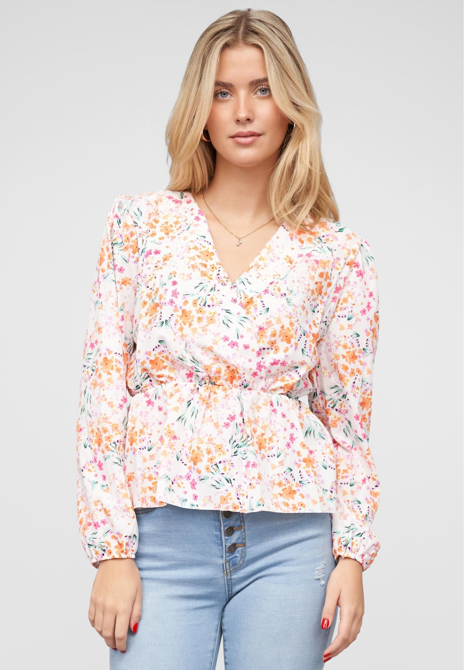 CLOUD 5IVE Klassische Bluse »CLOUD 5IVE V-Neck Schößchenbluse m. Blumen Print in Wickeloptik«