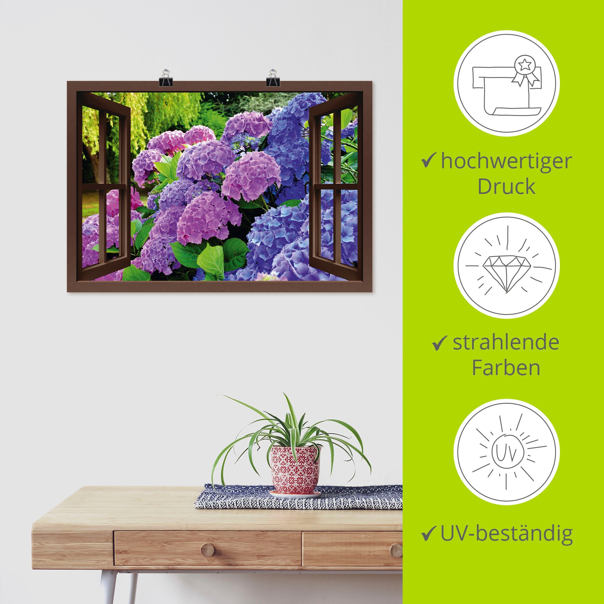 Artland Wandbild »Fensterblick - Hortensien im Garten«, Blumen, (1 St.), als Leinwandbild, Poster in verschied. Größen