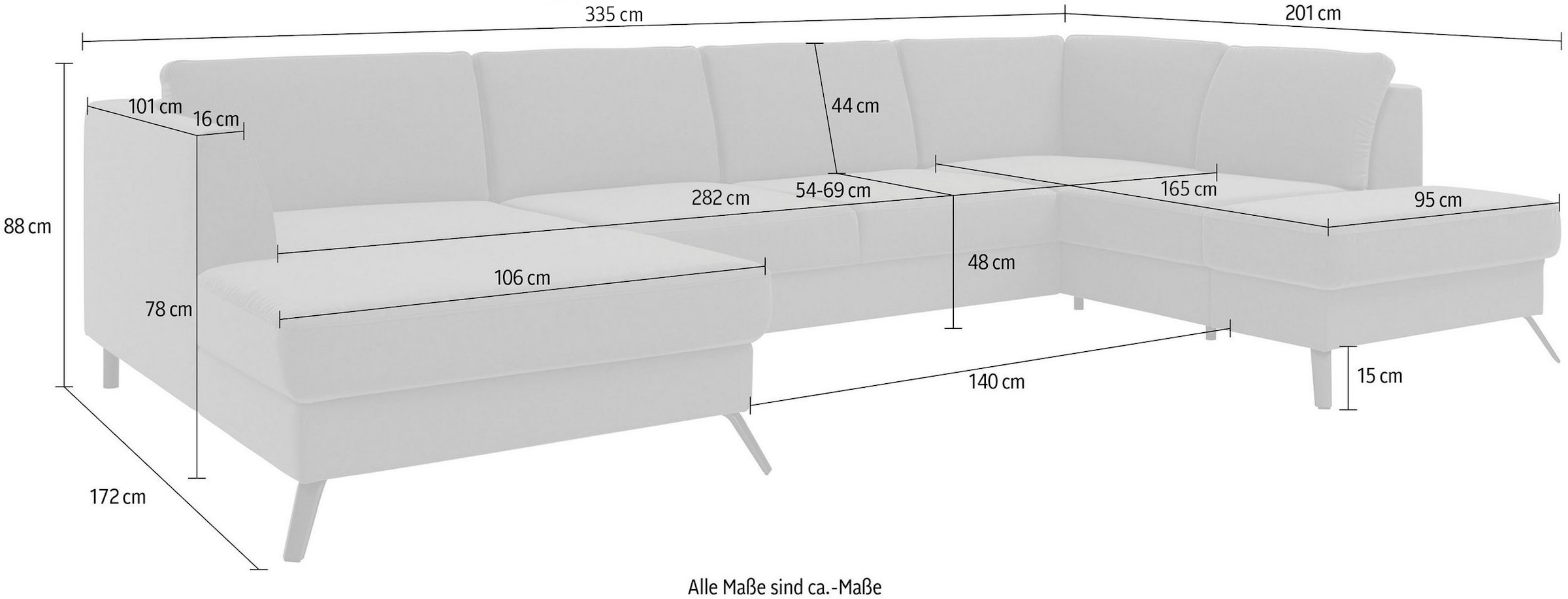 sit&more Wohnlandschaft »Olsen U-Form«, inklusive Sitztiefenverstellung, wahlweise mit Bettfunktion, 15cm hoch