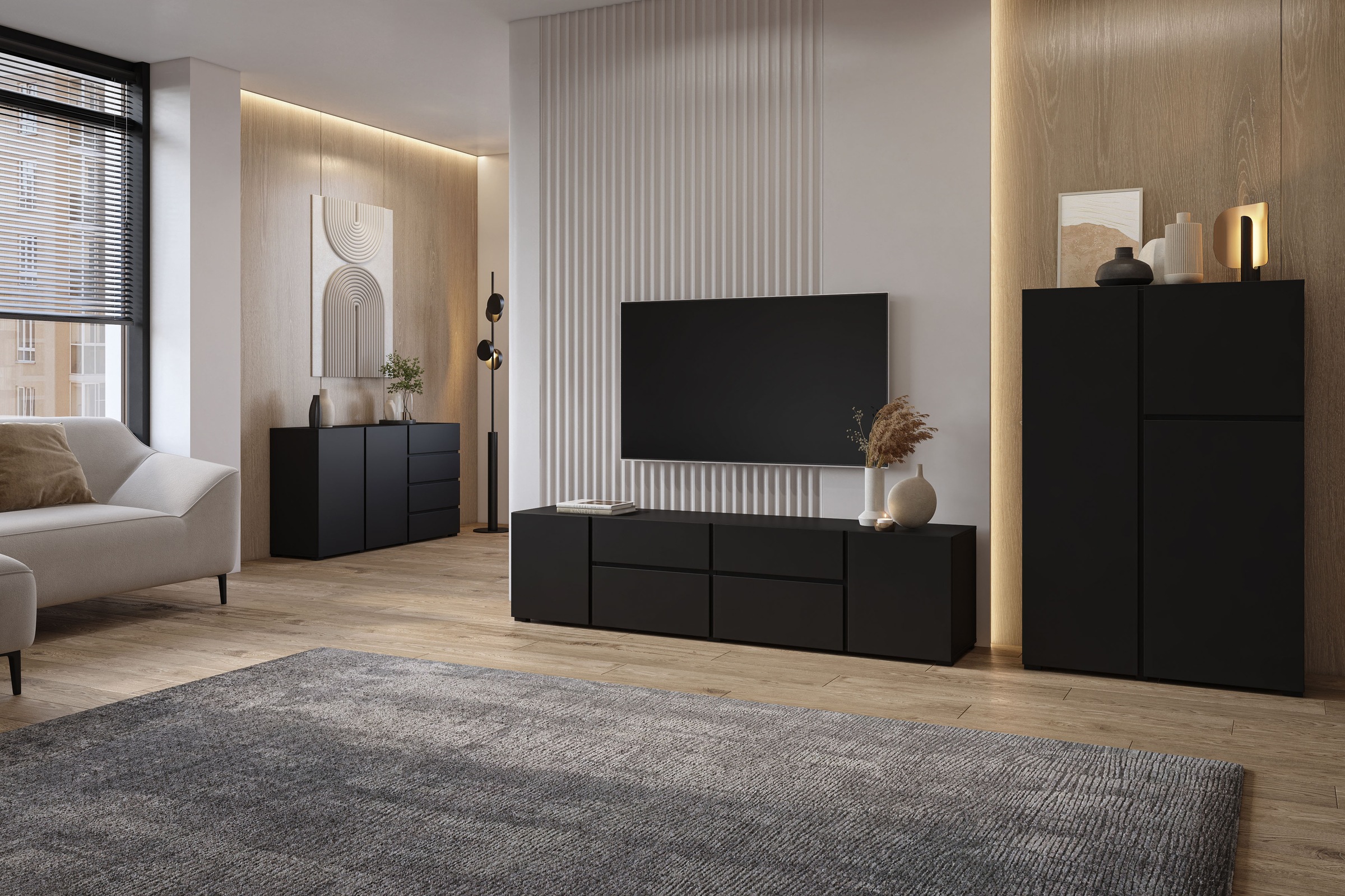 INOSIGN Highboard »Metric, Breite 92cm, moderne grifflose Hochkommode 3 Türen,Highboard«, Hochschrank mit viel Stauraum, Einlegeböden verstellbar, Türkommode