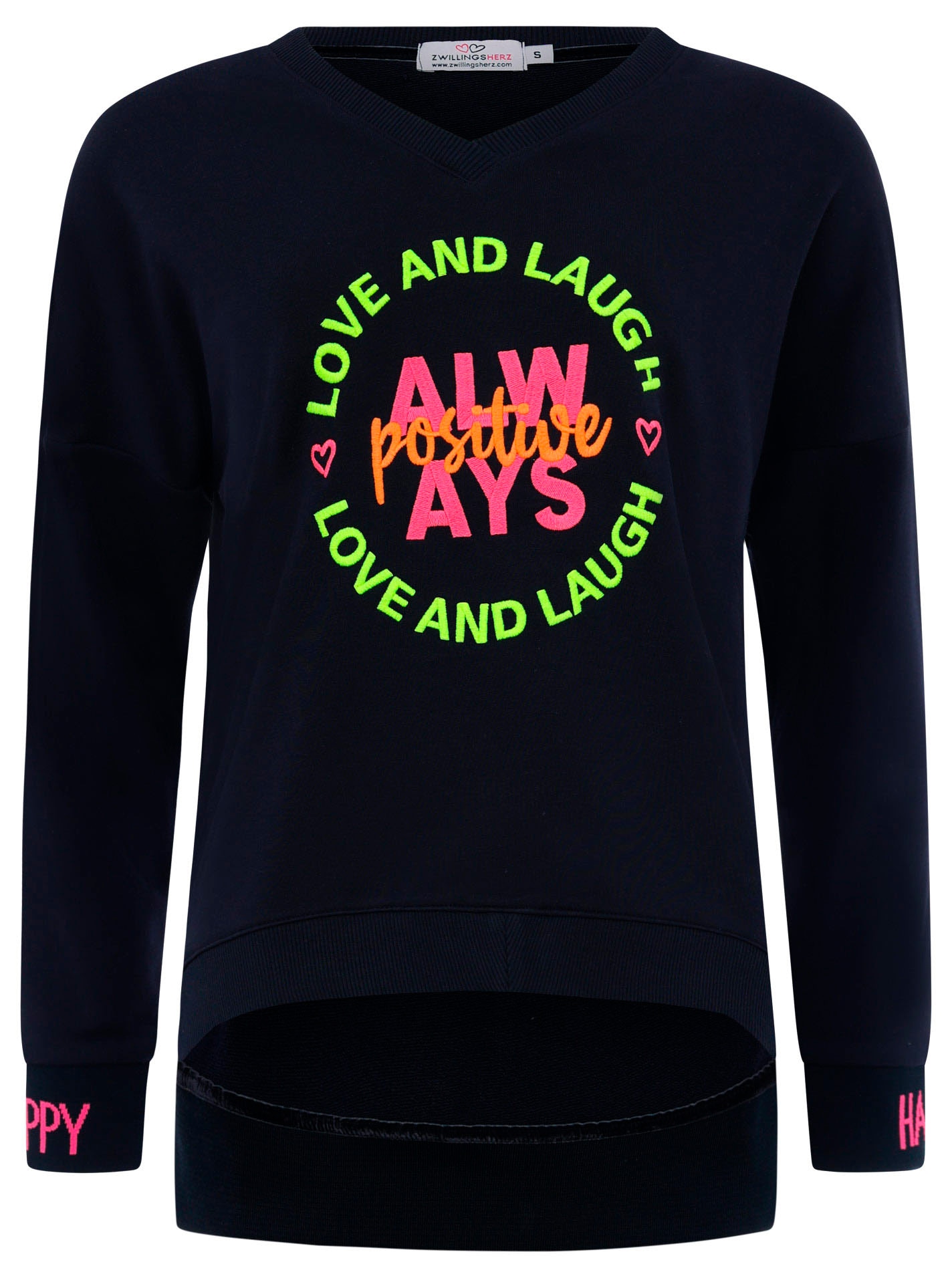 Zwillingsherz Sweatshirt, mit neonfarbener "Always Positive"-Stickerei im Vokuhila Schnitt