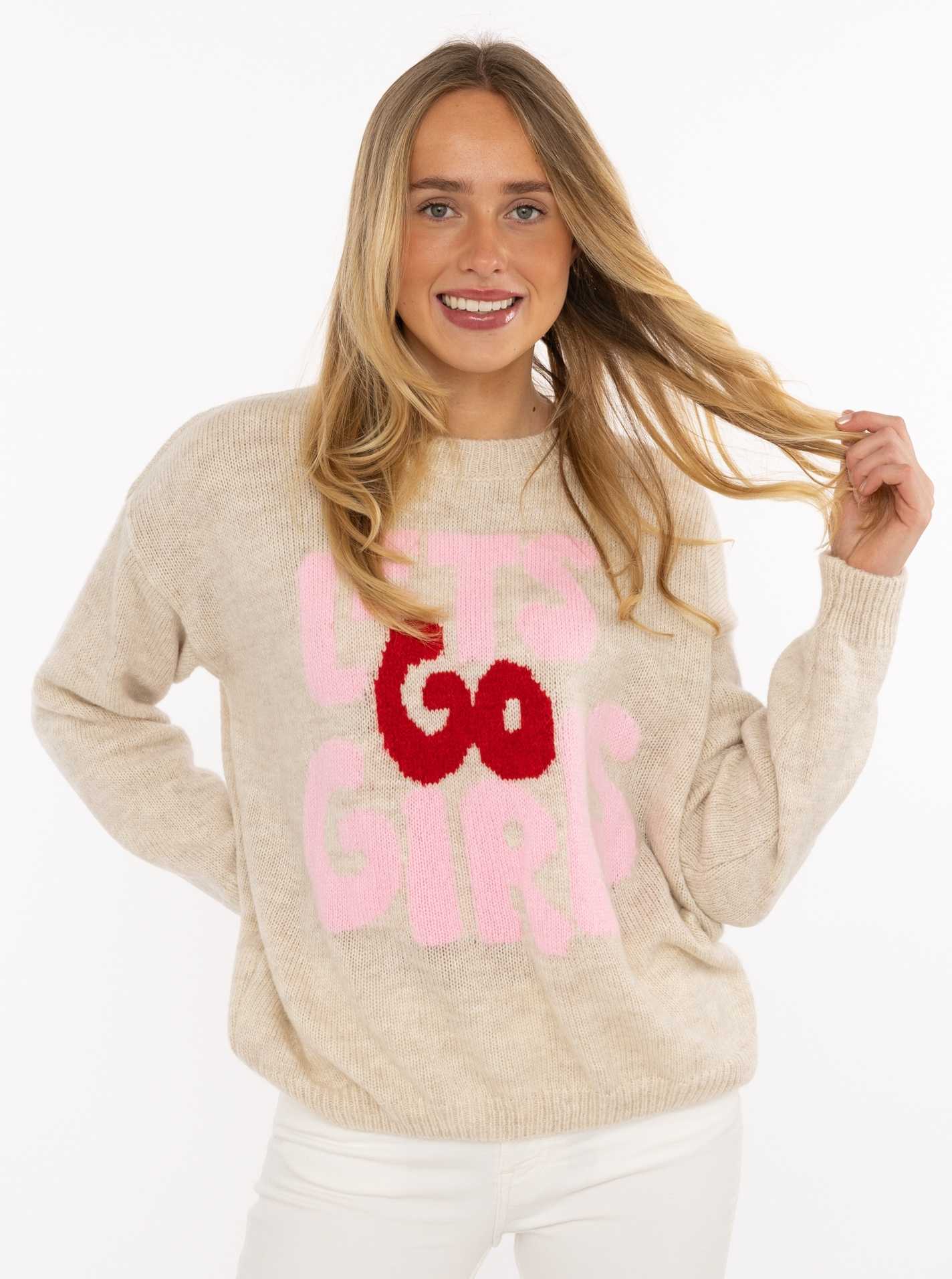 Zwillingsherz Strickpullover ""Lets Go Girls"" Rundhals, Statement Schriftzug, One Size, Strick