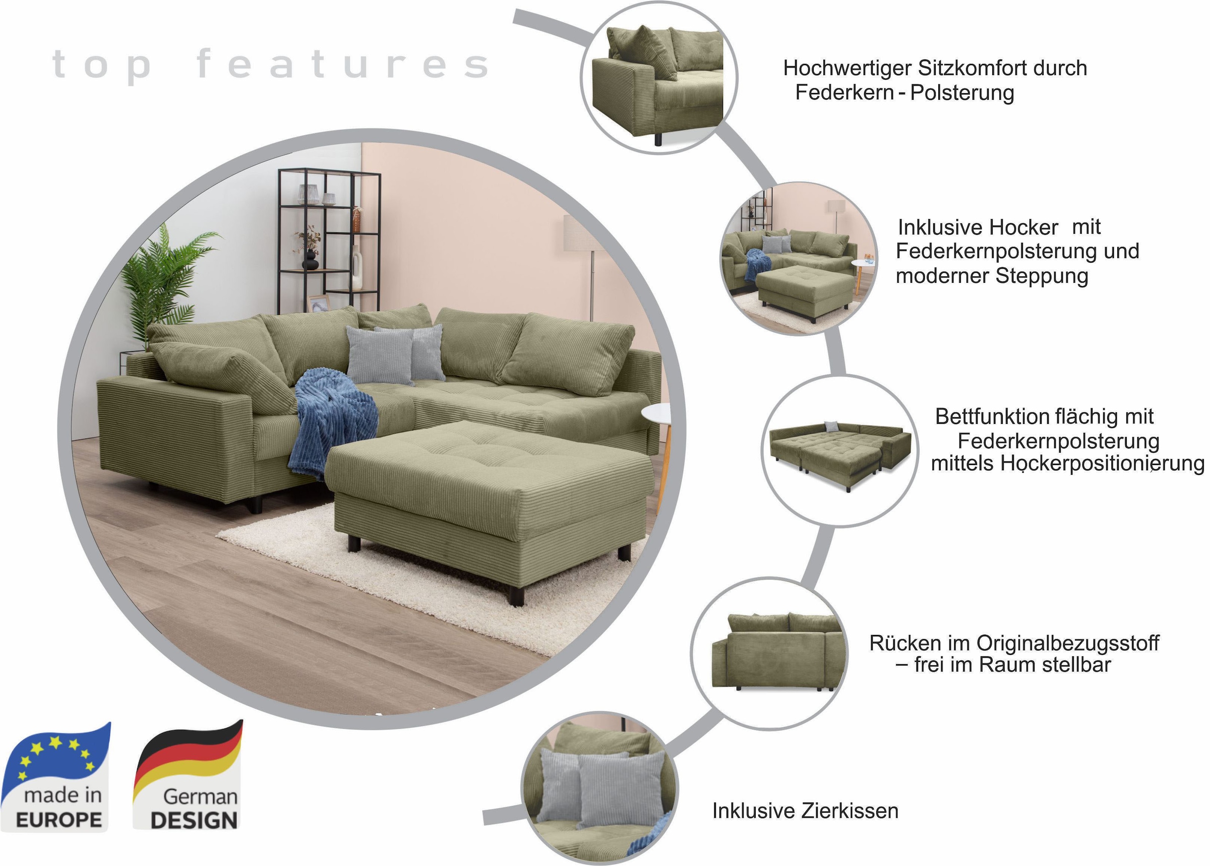 Home affaire Ecksofa »Toni L-Form«, (Cord-Bezug), Ottomane beidseitig montierbar, Federkern-Polsterung