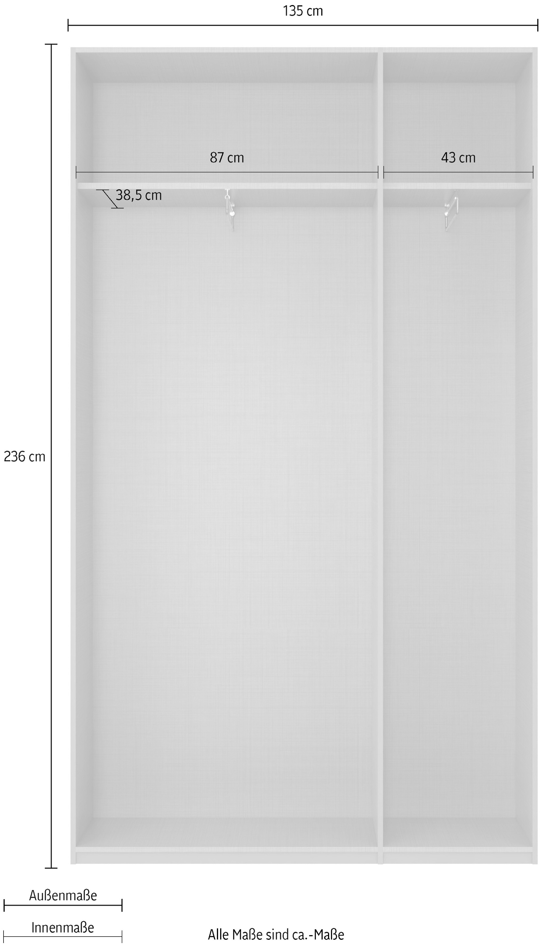 Wimex Kleiderschrank »Mugano, in 5 Breiten und 2 Höhen, Made in Germany«, (in Basic oder Premium Ausstattung mit 2 weiteren Einlegeböden), mit langen Griffstangen aus Metall, wahlweise mit oder ohne Spiegel