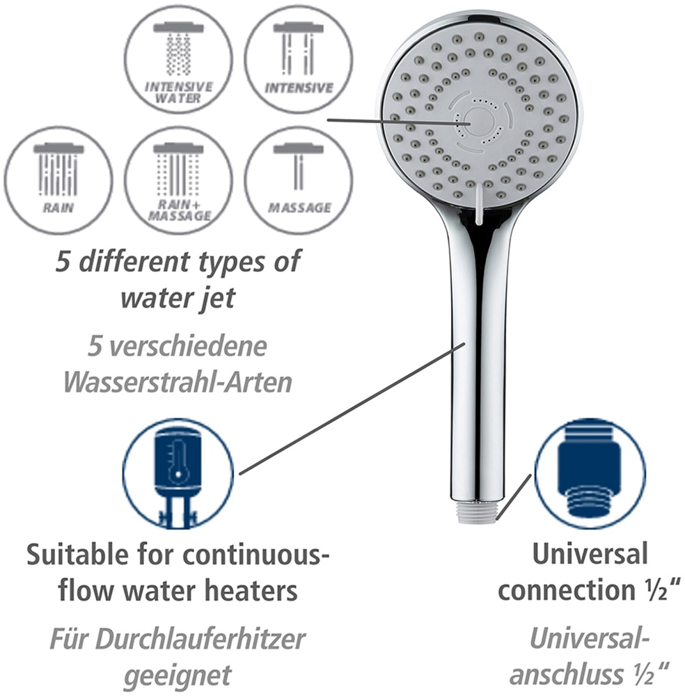 WENKO Handbrause »Modell Basic Line Duschkopf Set«, (2 tlg.), klassischer Brausekopf mit 5 Strahlarten, 150 cm Brauseschlauch