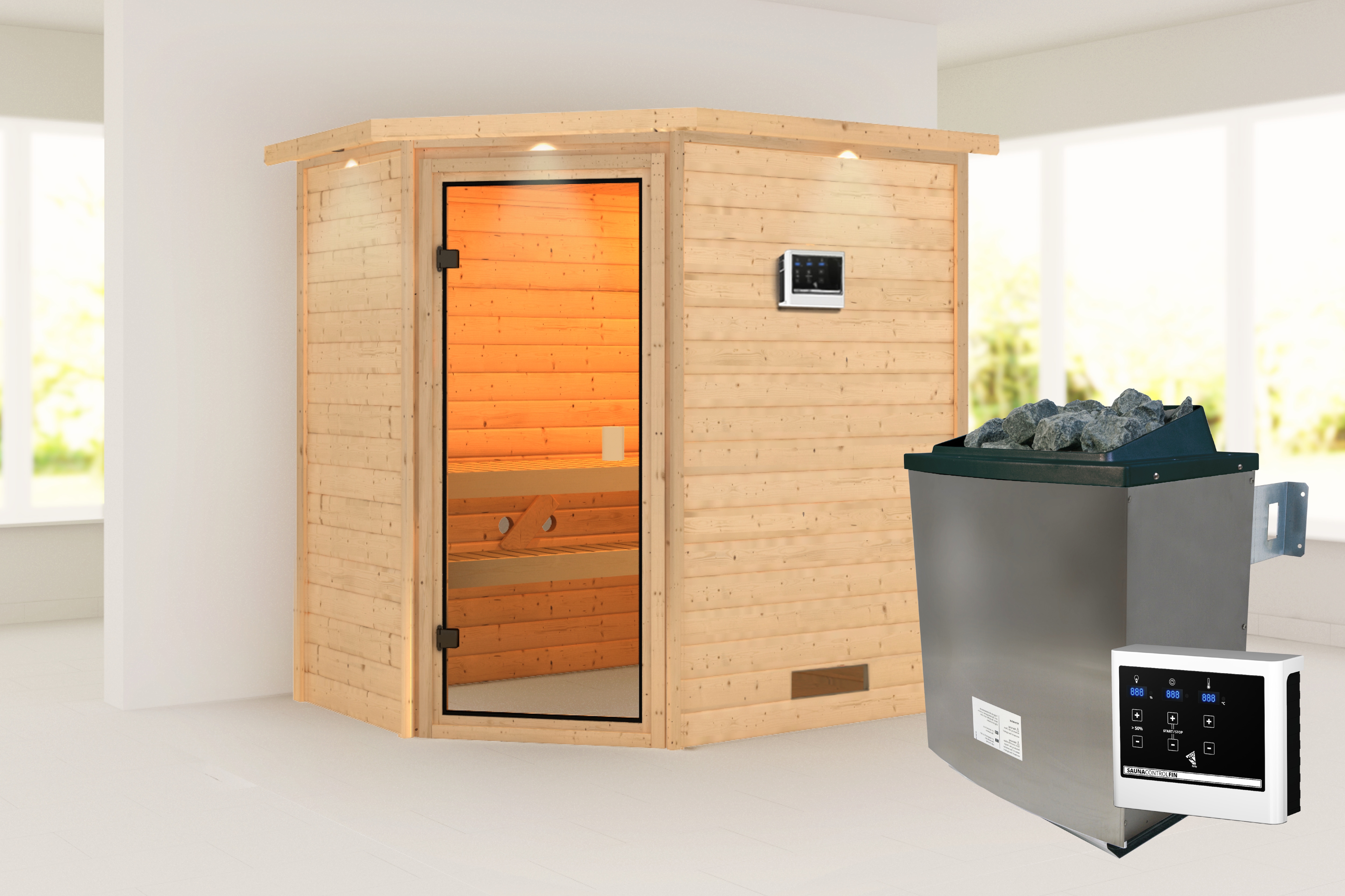 Karibu Sauna ""Juli" mit bronzierter Tür und Kranz SET, naturbelassen mit Ofen 9 kW" aus hochwertiger nordischer Fichte