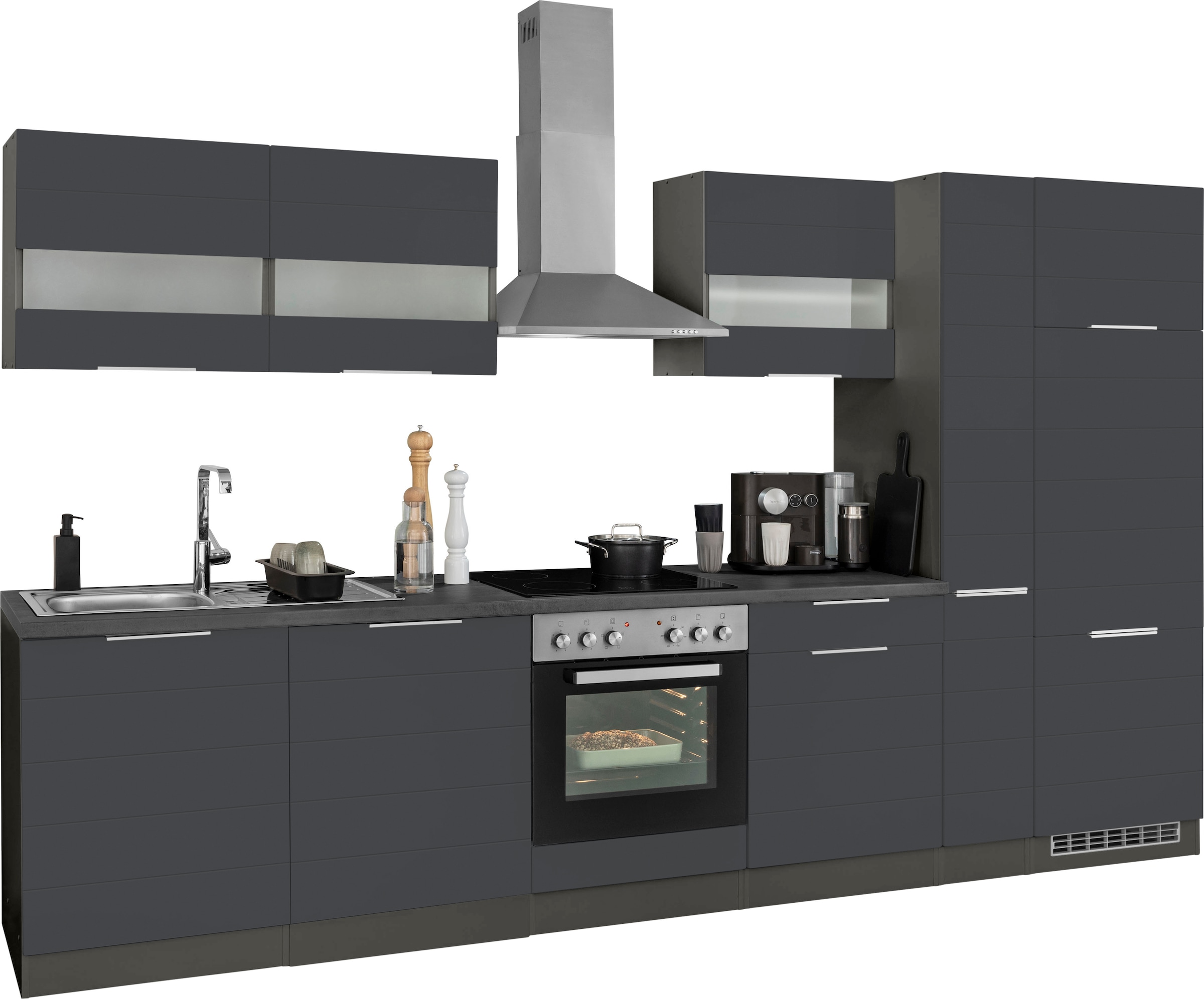 KOCHSTATION Küchenzeile »KS-Luhe« 330 cm breit, wahlweise mit oder ohne E-Geräten, gefräste MDF-Fronten