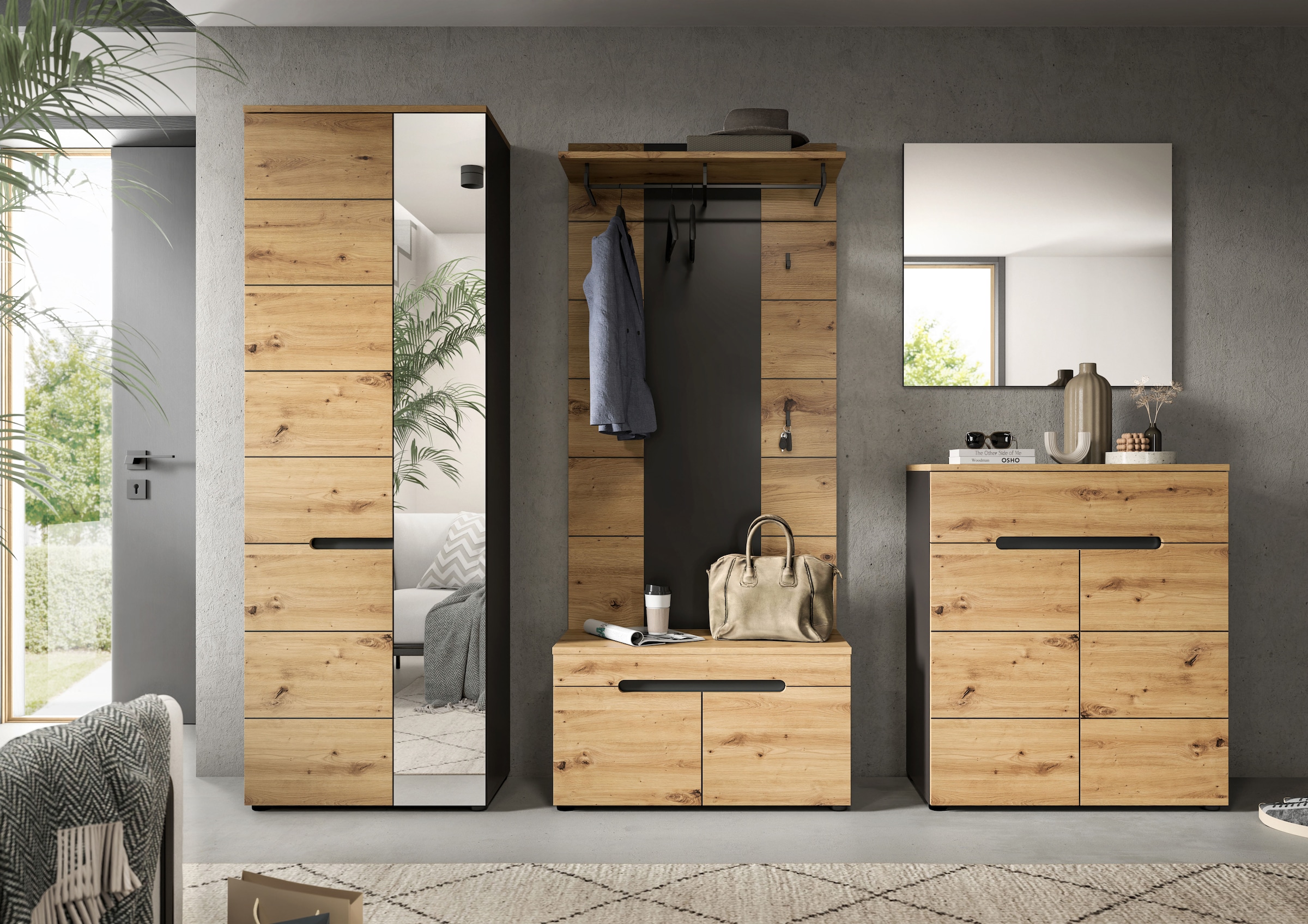 INOSIGN Garderoben-Set, (Set, 5 St., bestehend aus: Garderobenschrank, Sitzbank, Paneel, Spiegel, Kommode), Garderobenkombination, Kombination, Set, Flurgarderobe, Diele