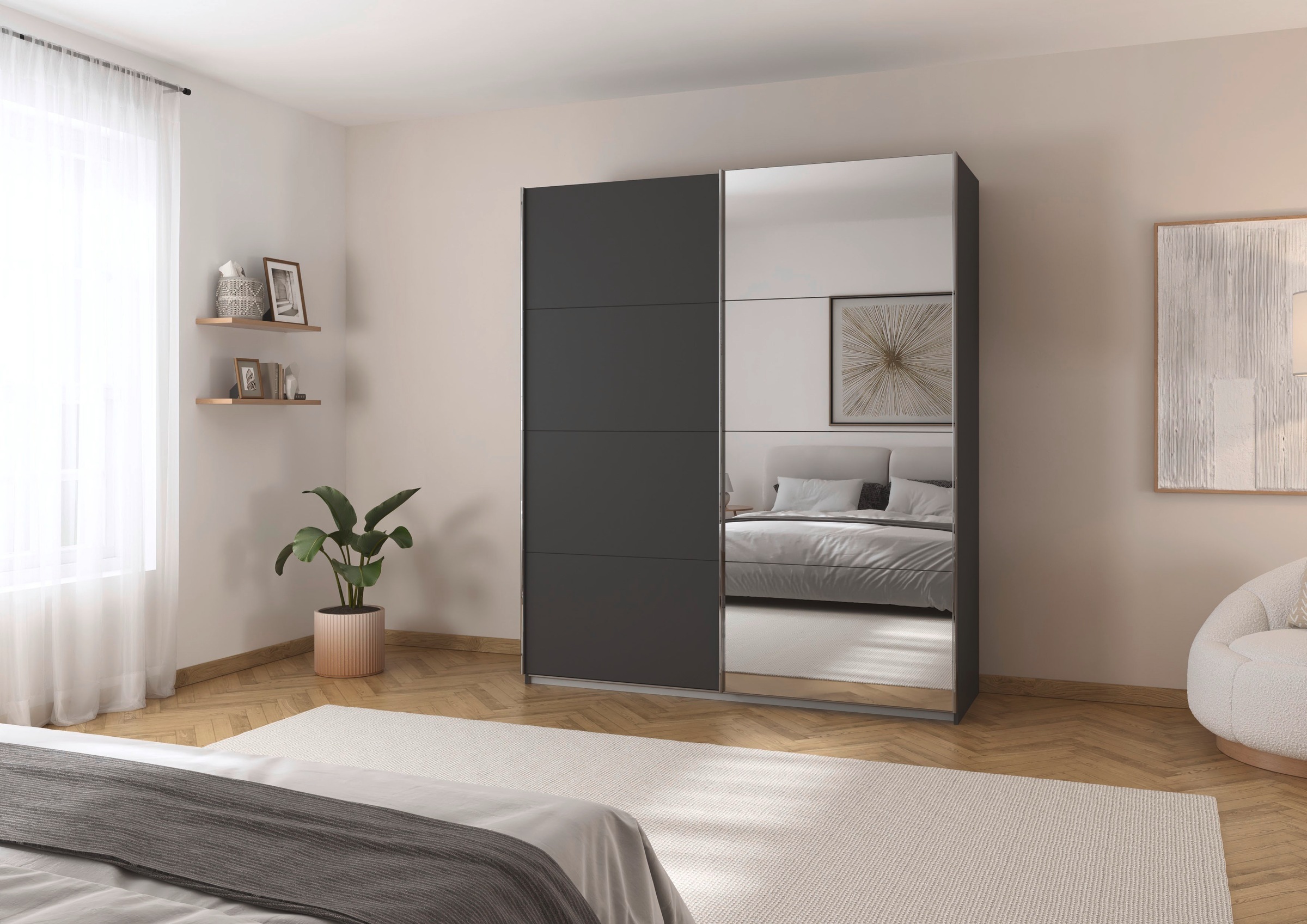 rauch Schwebetürenschrank »Kleiderschrank Schrank Ankleide Garderobe Schlafzimmerschrank MOITA« Breiten: 181/226/271 cm, Höhe 210 cm,  mit Spiegel und Metallgriffleisten in Alu MADE IN GERMANY