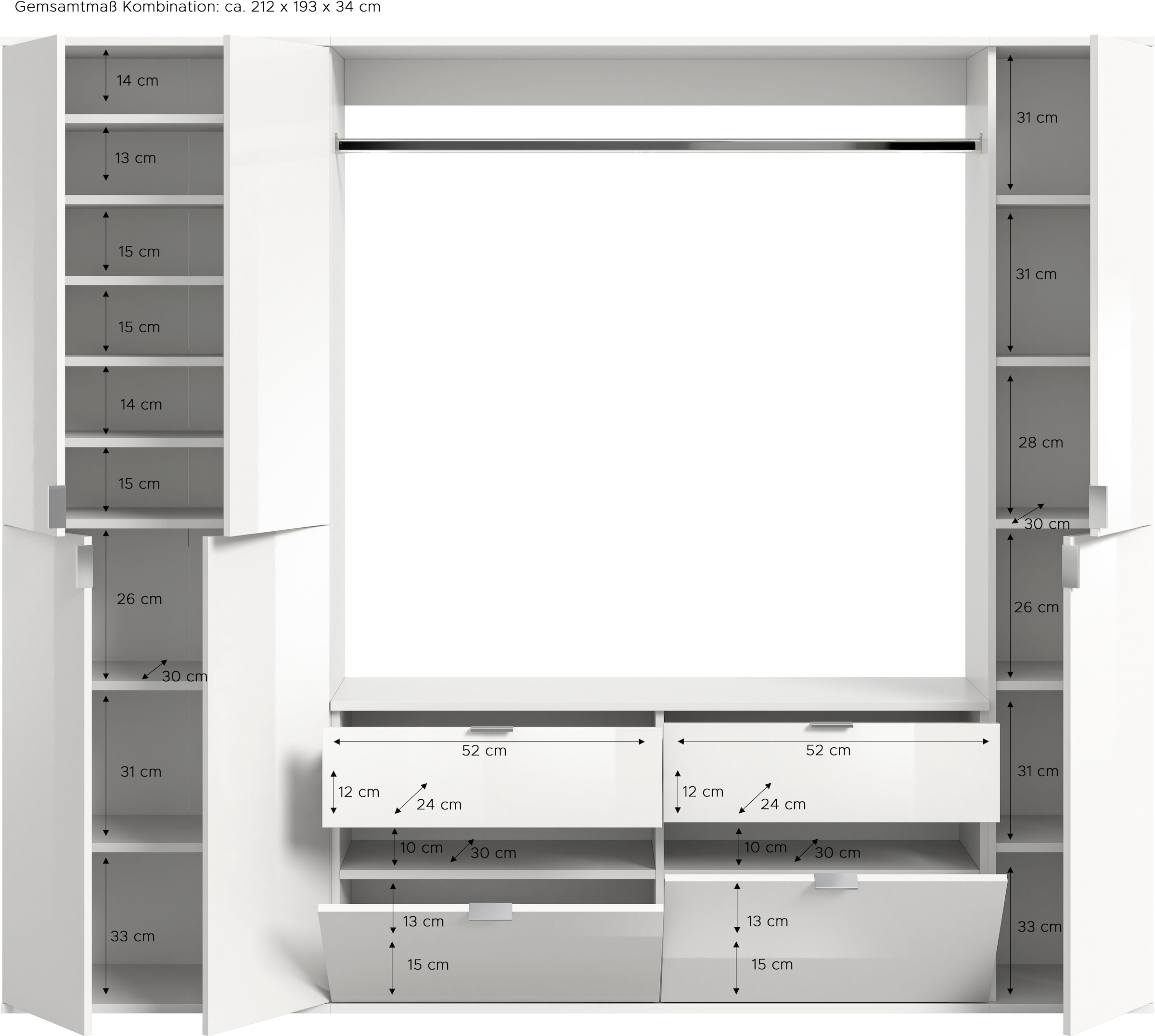 INOSIGN Garderoben-Set »Trondheim, Breite 212 cm, 5-teilig, bestehend aus:«, (Set, 4 St.), 2x Garderobenschrank, 1 Kommode, 1 Garderobenstange, 1 Ablageboden