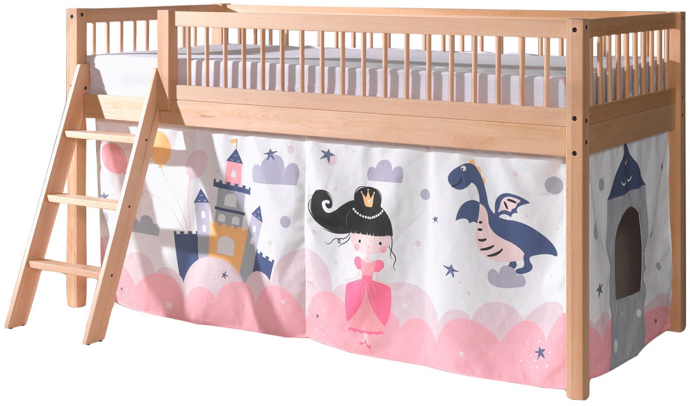 Vipack Spielbett »Forrest, Absturzschutz mit Sprossen-Optik, Pfostenstärken ca. 50x50mm« Buche natur lackiert, stabil und hochwertig gebaut, inkl. Lattenrost,  90/200 cm, inkl. Vorhang-Set 3-tlg., Spielbereich unter dem Bett