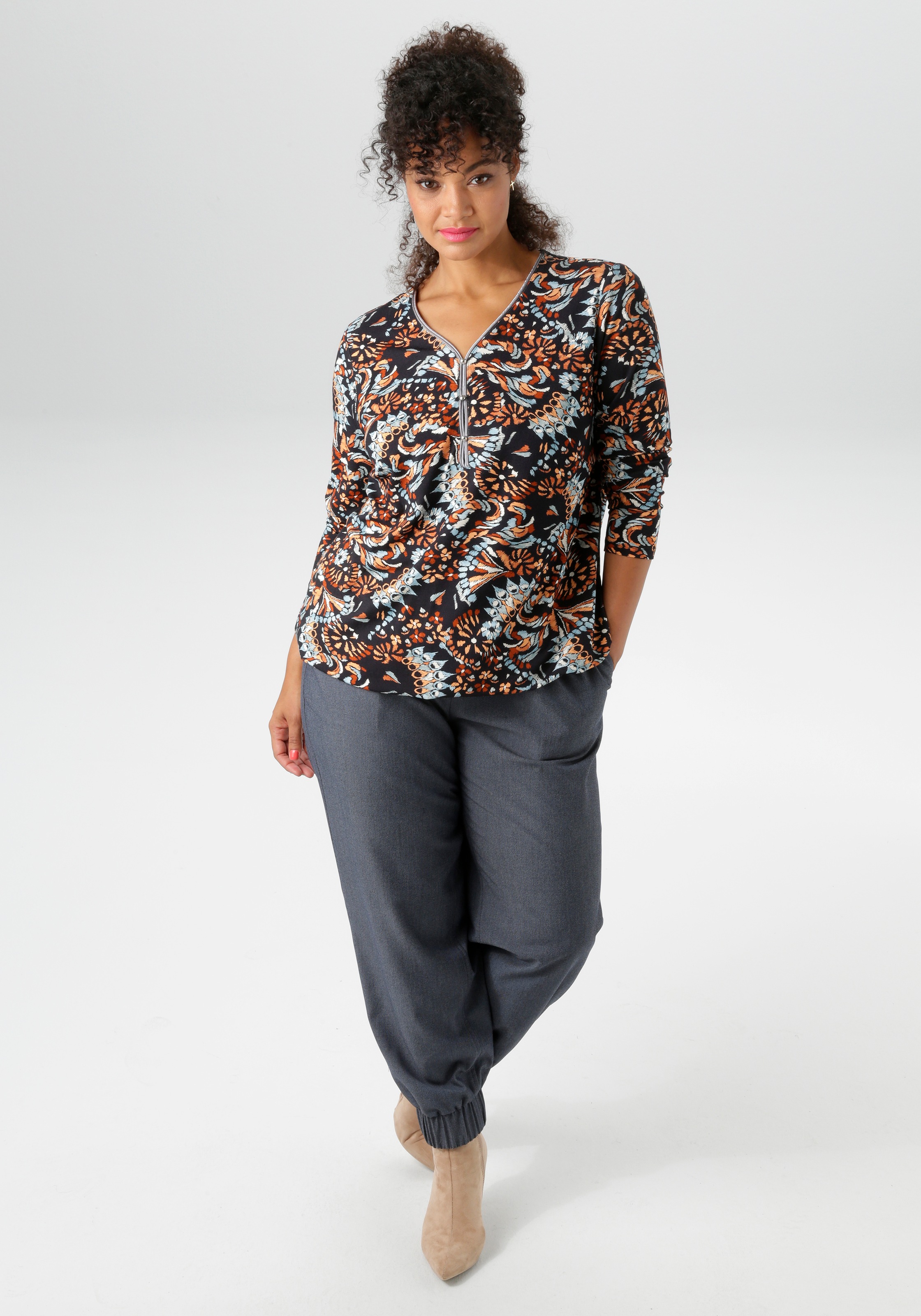 Langarmshirt ANISTON PLUS, Damen, Gr. 44, orange (blau, braun, weiß, orange, braun), Jersey, Obermaterial: 95% Viskose, 5% Elasthan, bedruckt, figurumspielend Po-bedeckend, V-Ausschnitt, Shirts Langarmshirt, mit fantasievollem Retro-Druck - NEUE KOLLEKTIO 3