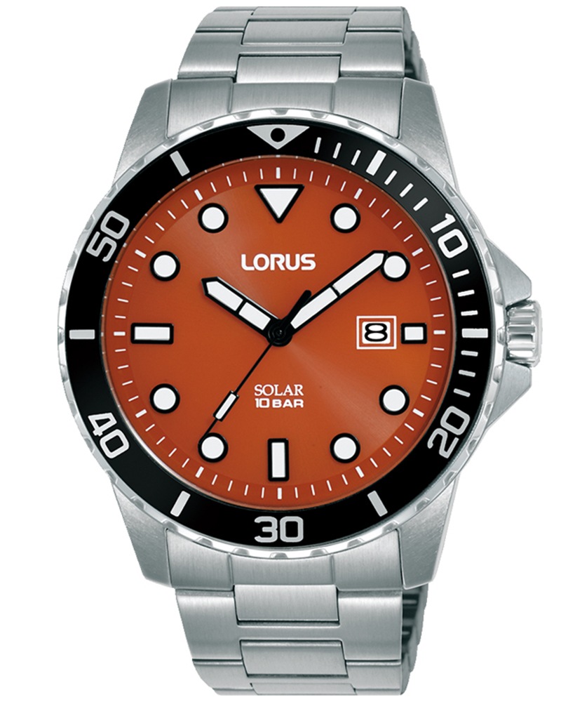 LORUS Herren Solaruhr, orange, Armbanduhren, Armbanduhr, Herrenuhr, Edelstahlarmband, analog, Tag
