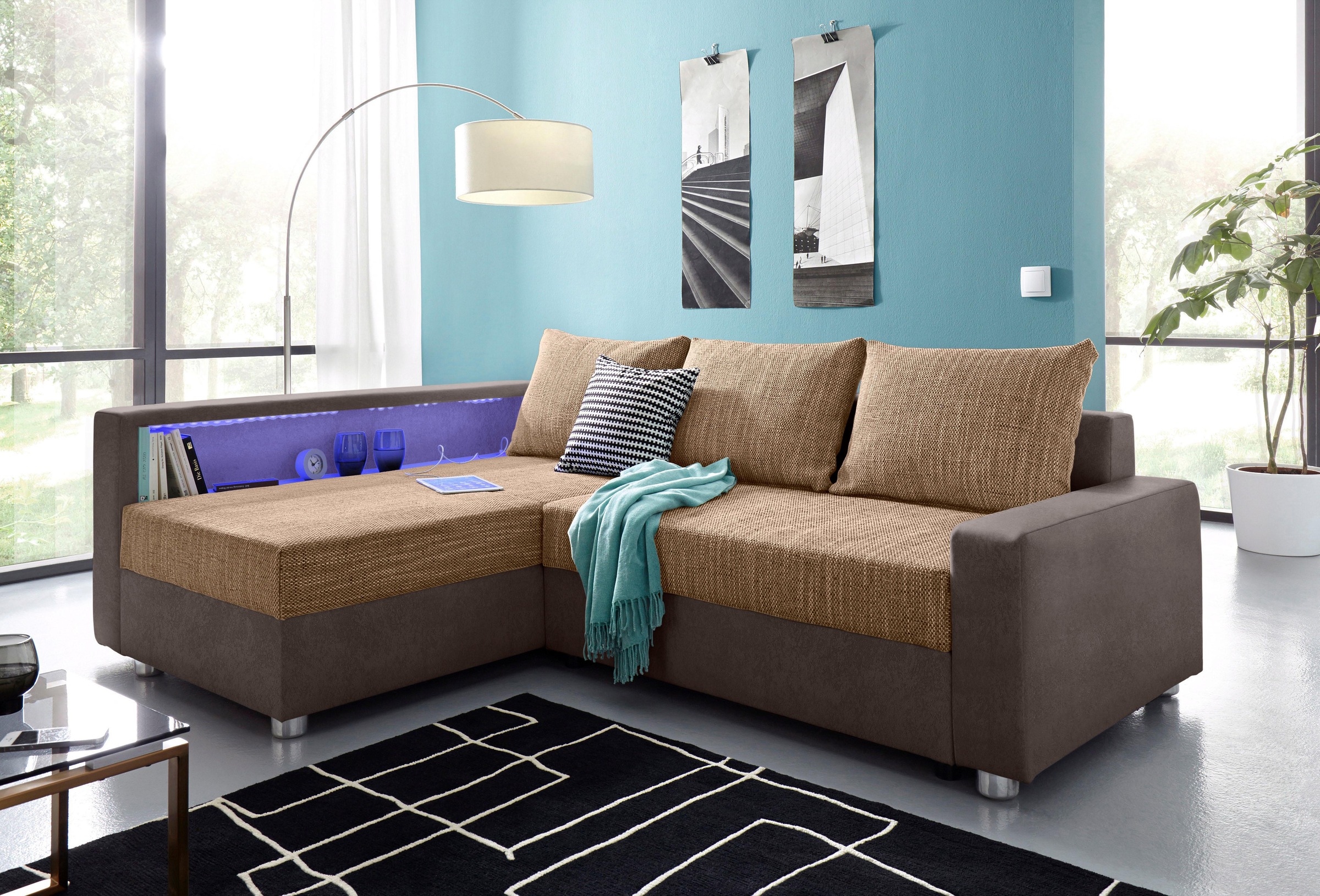 COLLECTION AB "Relax L-Form, B: 223 cm" Schlaffunktion, Bettkasten, Regal & 1 Zierkissen, optional Licht